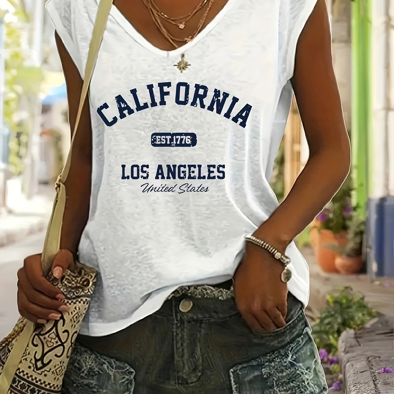 

California Print Cap Sleeve Top, Casual V Neck Top For Summer & Spring, Women's Clothing