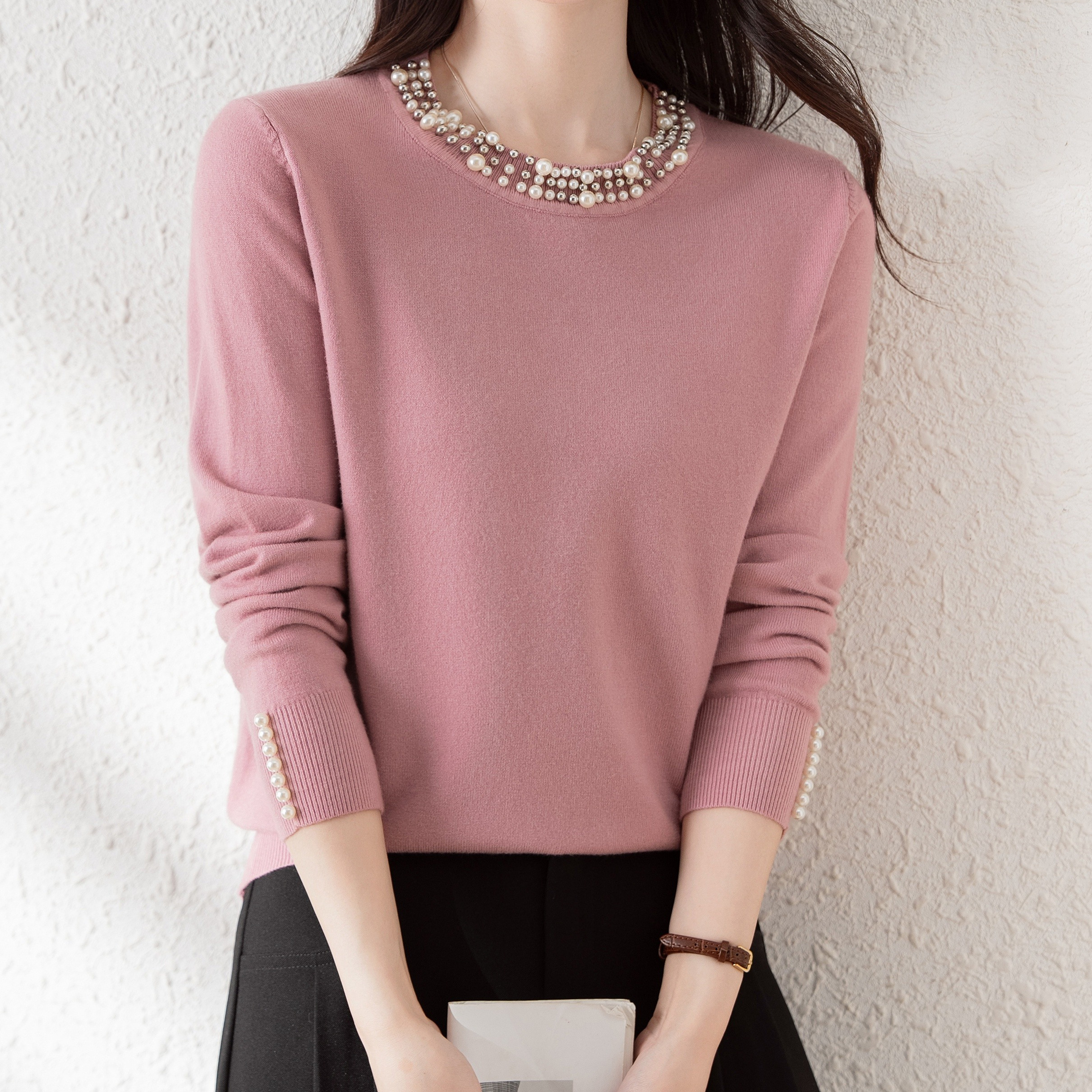 

Pearl Neck Knit Sweater, Elegant Long Sleeve Pullover Sweater For Fall & Winter, Women's Clothing