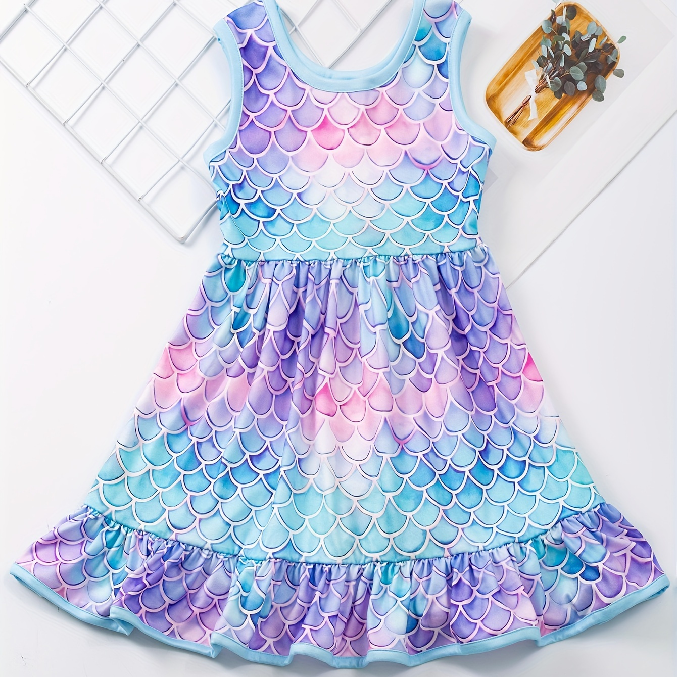 

Stretchy Gradient Fish Scale Print Sleeveless Dress Girls Ruffle Hem Dresses For Summer Holiday Party