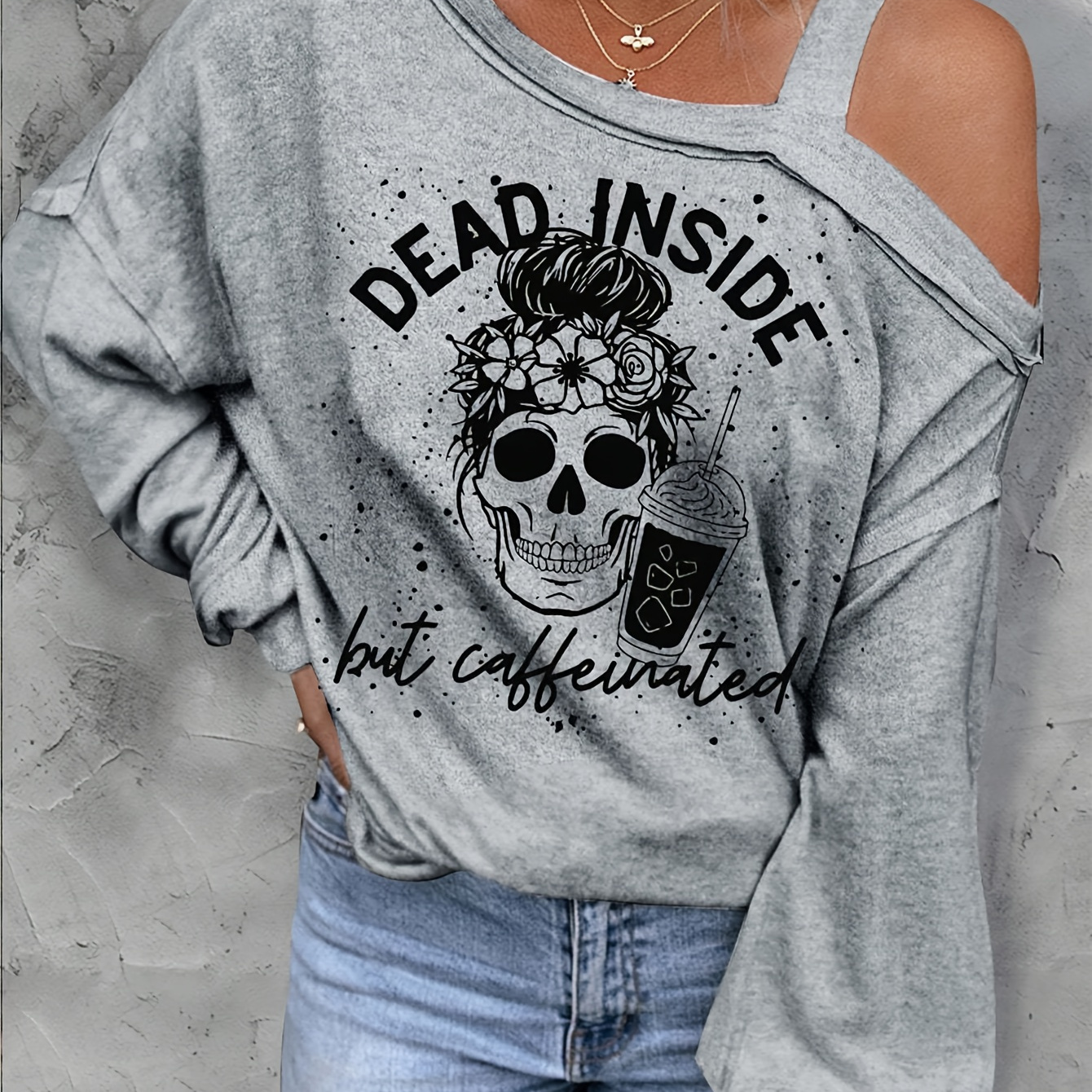 

Women's Casual Off-shoulder Long Sleeve T-shirt With Skull & Letter Print - Stretchy Polyester , Machine Washable