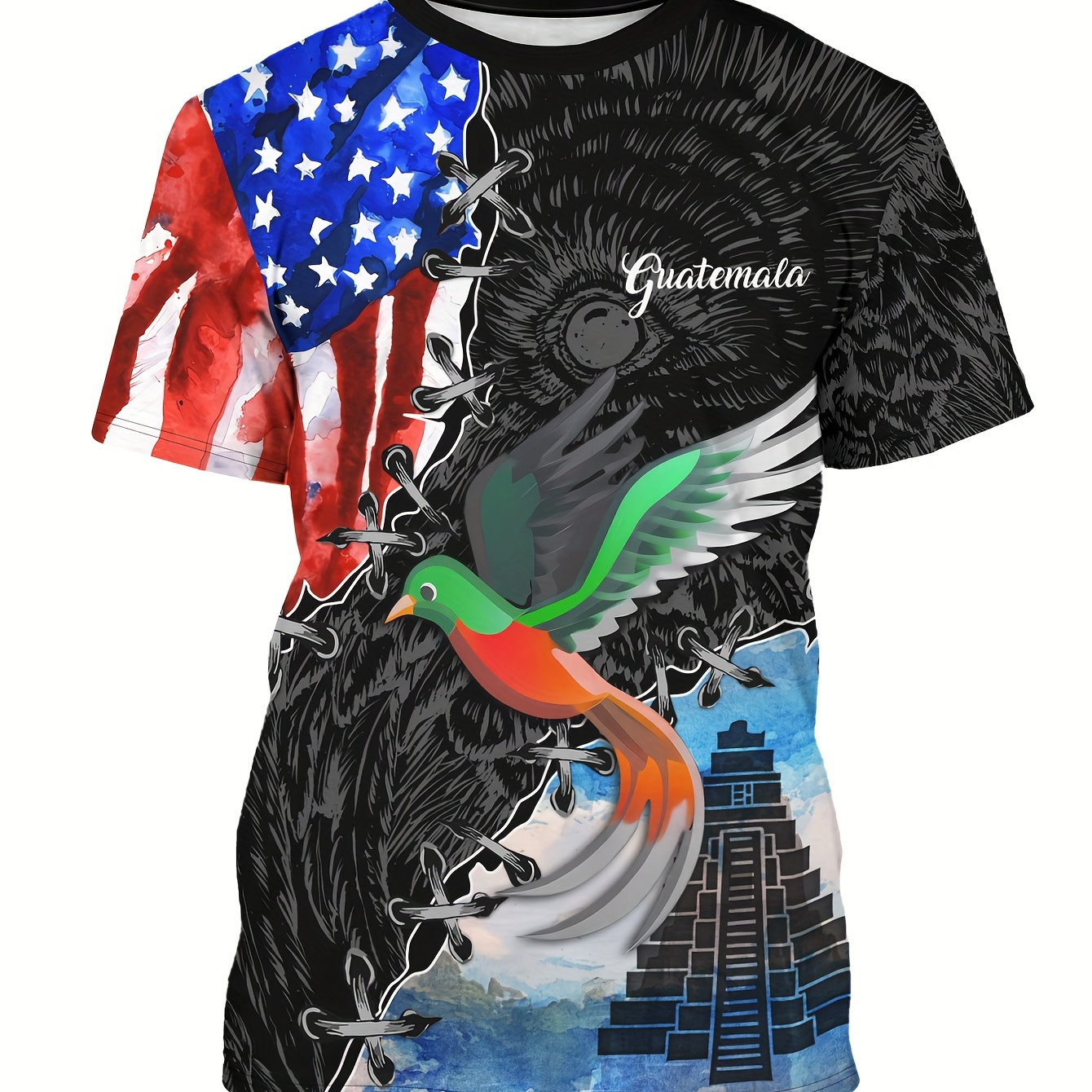 

Men's American And Guatemalan Theme Bird And Architecture Pattern And Letter Print "guatemala" Crew Neck And Short Sleeve T-shirt, Stylish Tops For Summer Outdoors Wear