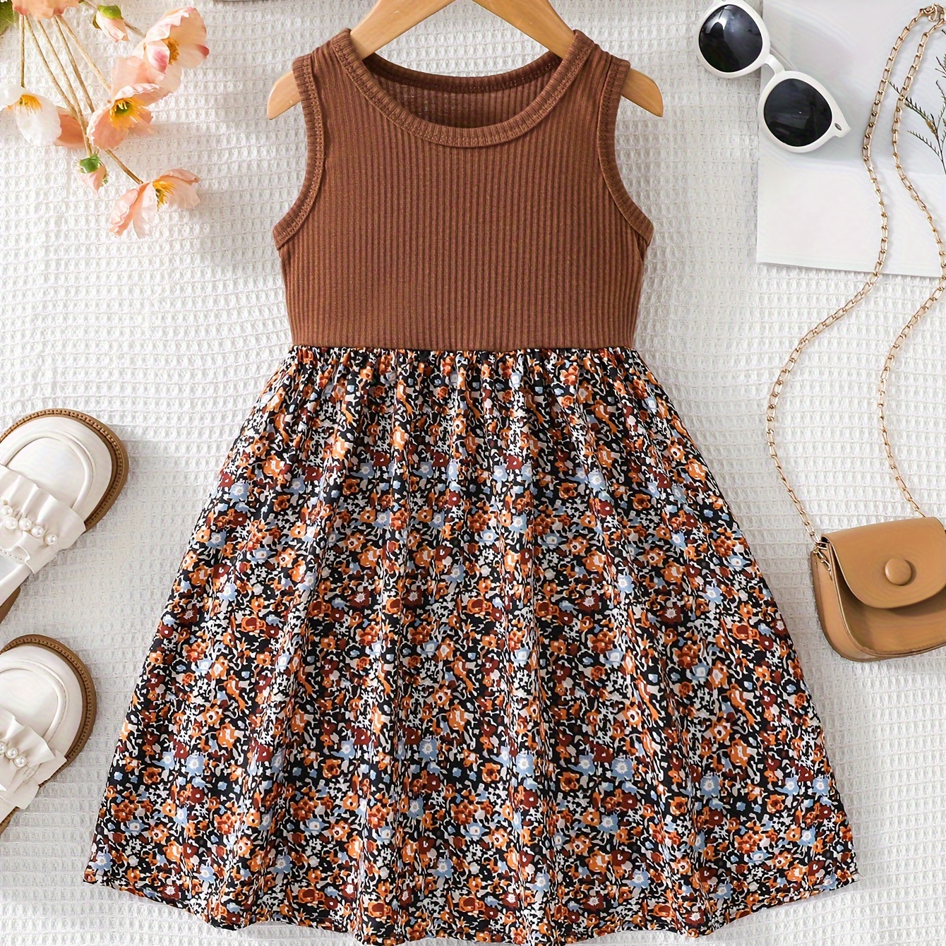 

Girls Comfy Breathable Splicing Ribbed Floral Dress, Elegant Dresses For Summer Holiday