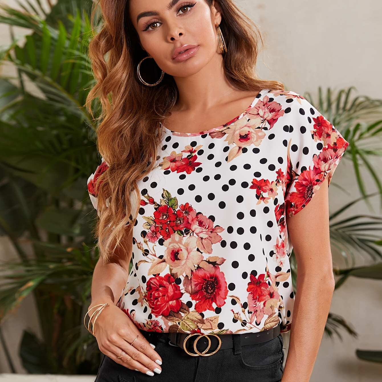 

Floral Print Crew Neck Blouse, Elegant Short Sleeve Blouse For Spring & Summer, Women's Clothing
