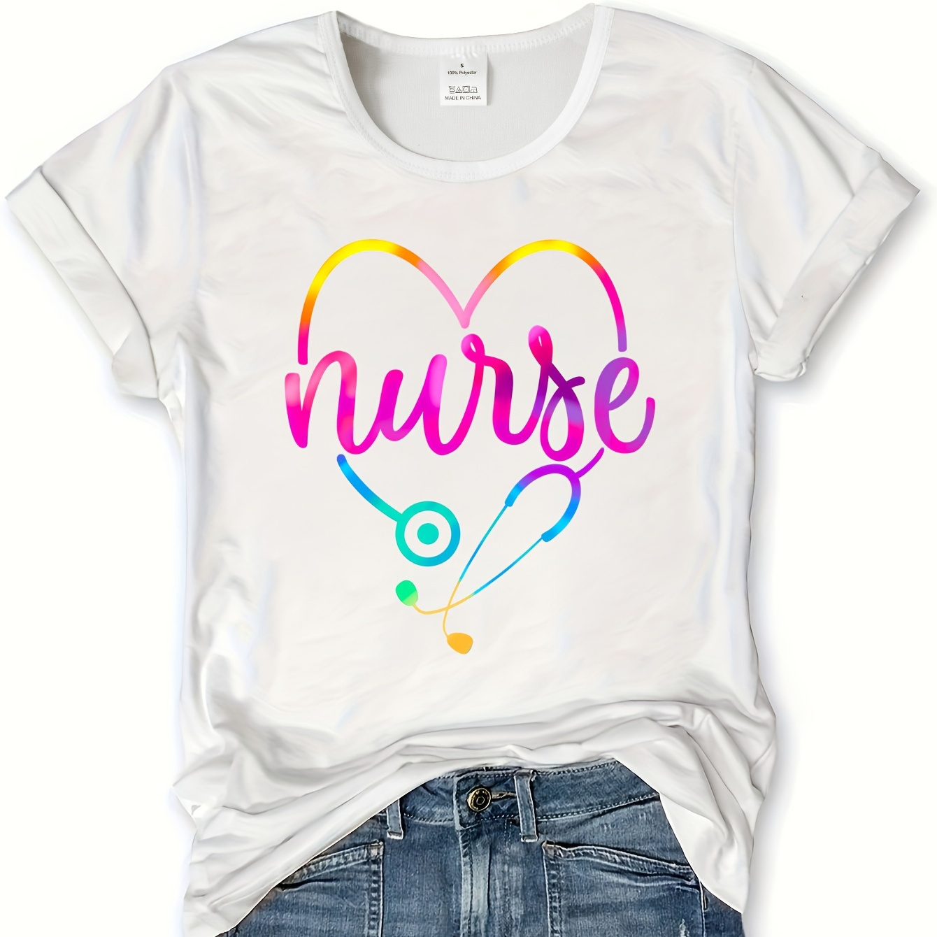 

Nurse Letter Neck T-shirt, Casual Short Sleeve T-shirt For , Women's Clothing