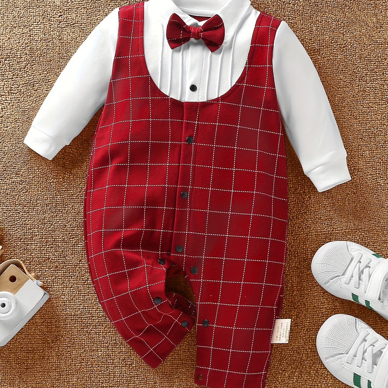 

Baby's Gentleman Style Striped Checkered Bow Tie Romper, Birthday Party Handsome Dress Up