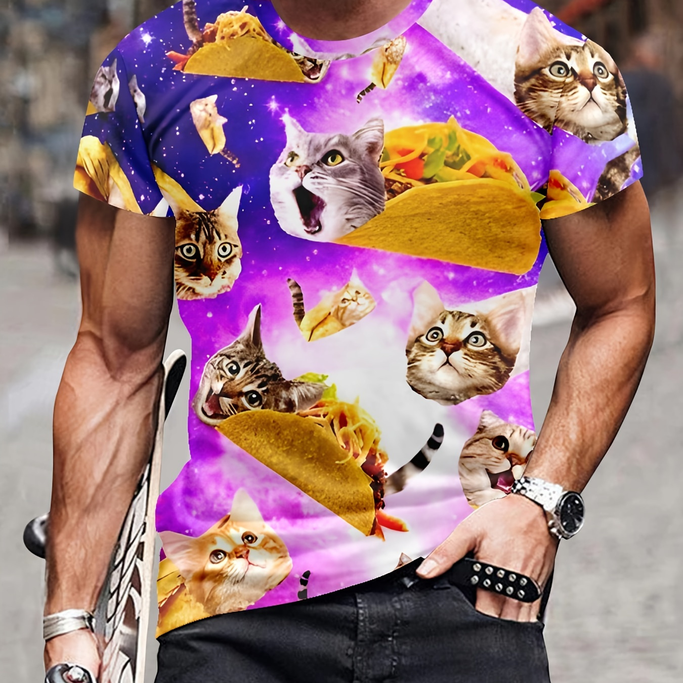 

Men's Cats Pizza Print T-shirt, Casual Short Sleeve Crew Neck Tee, Men's Clothing For Outdoor