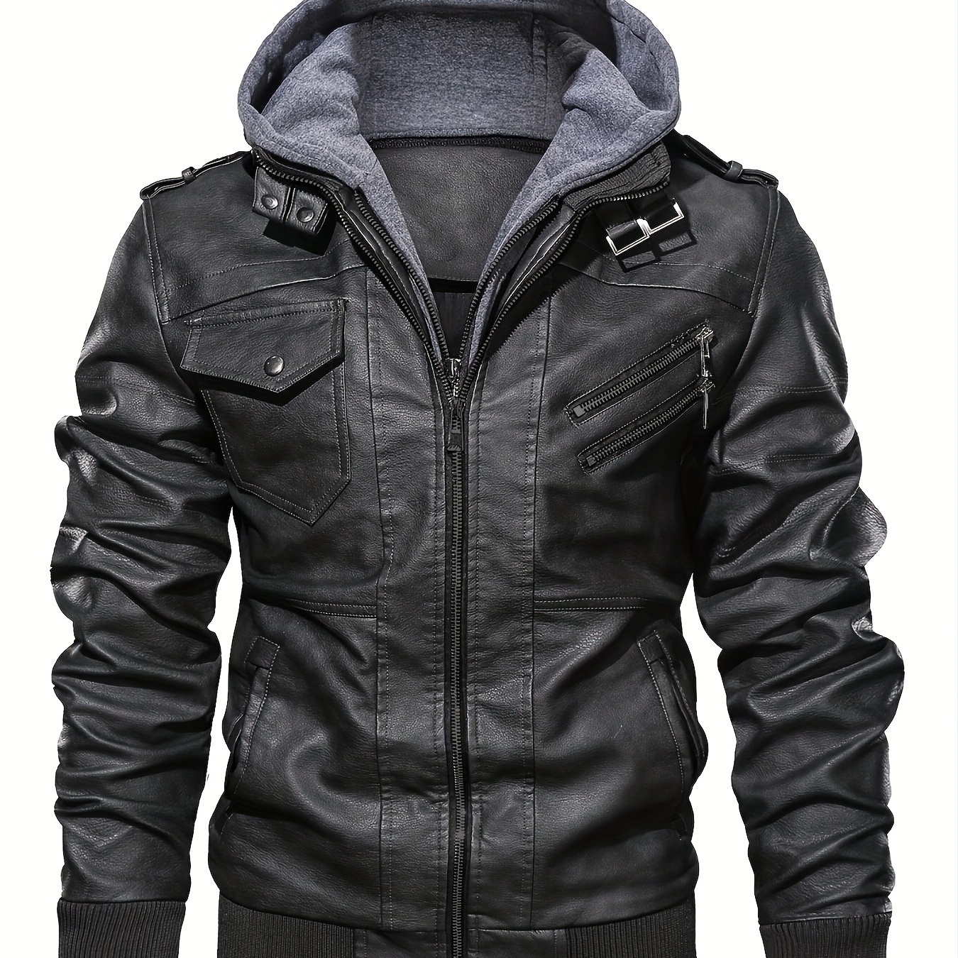 

Men's Pu Leather Hooded Pockets Zipper Long Sleeves Jackets
