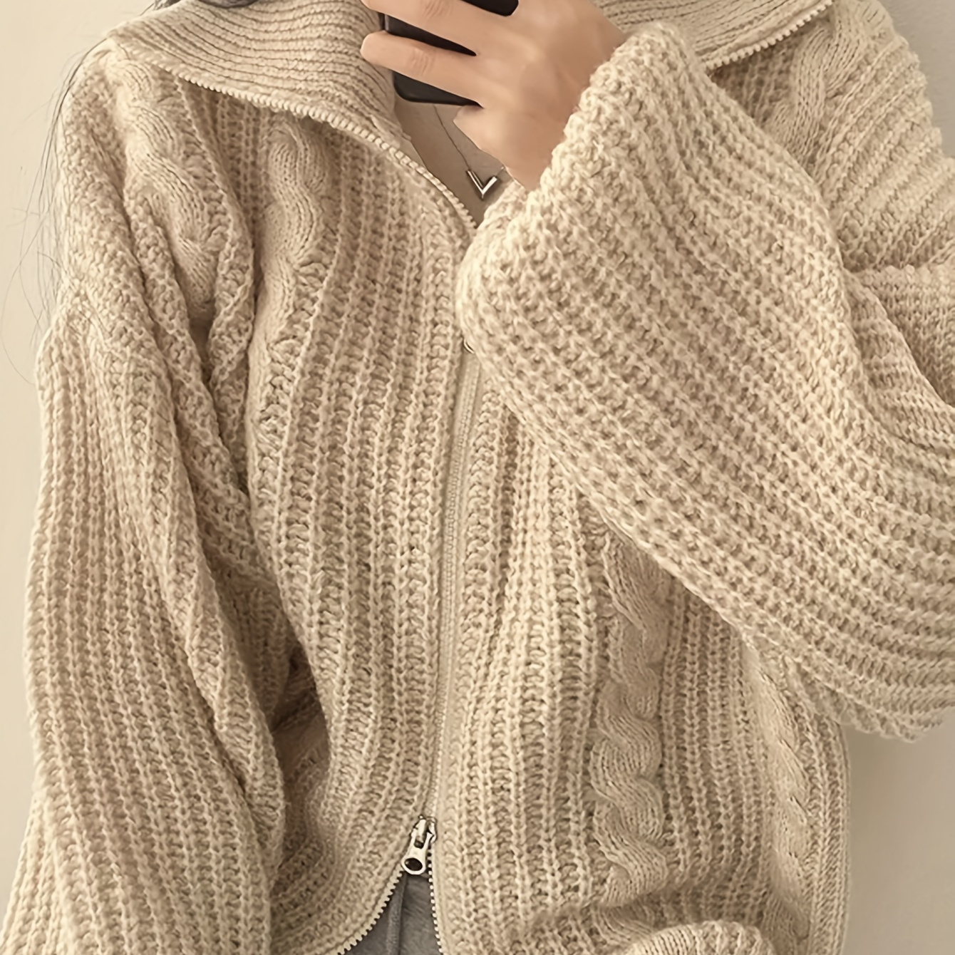 

Chic Cable Knit Cardigan For Women - Cozy Zip-up Collared Sweater, Machine Washable, Solid Color, Fall/winter