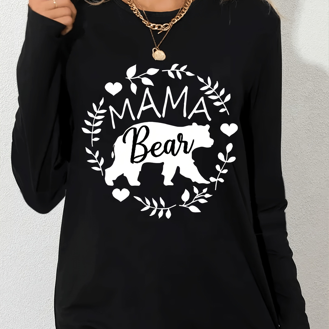 

Women's Long Sleeve Mama Bear Graphic T-shirt Polyester Blend Crew Neck Casual Sporty Tee With Slight Stretch Knit Fabric - Animal Print Design For All Seasons