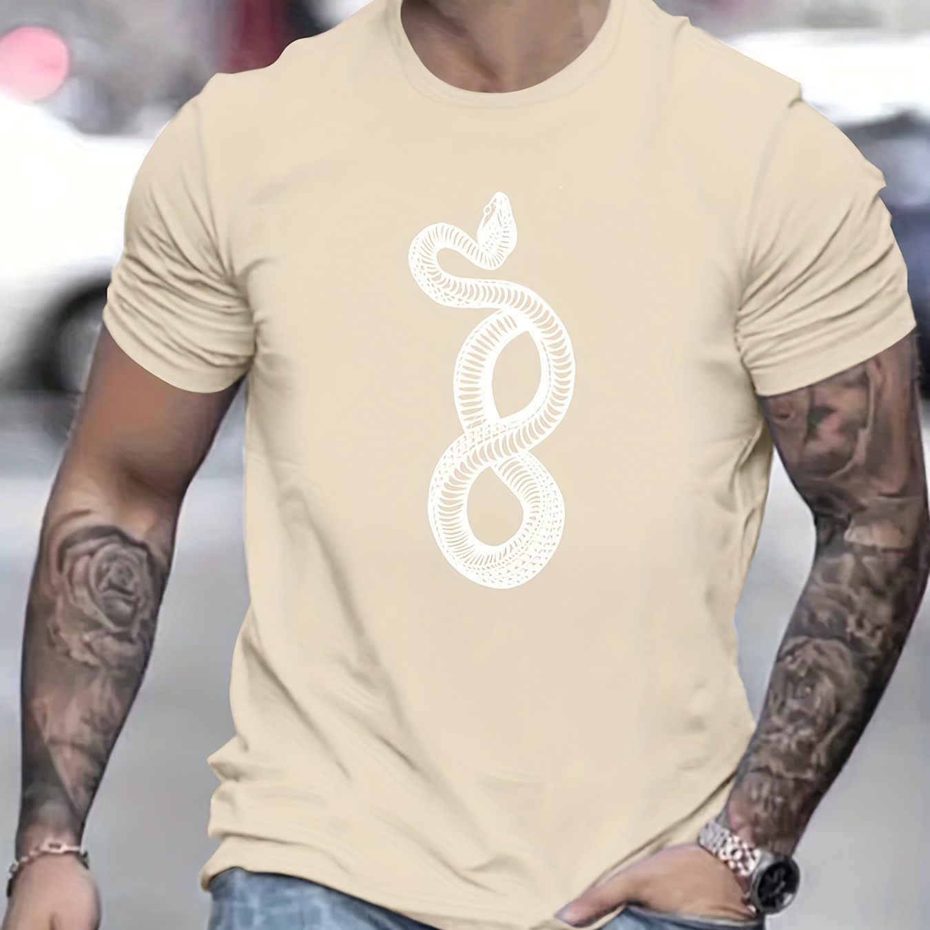 

Trendy Snake Pattern Print Men's Comfy Chic T-shirt, Graphic Tee Men's Summer Outdoor Clothes, Men's Clothing, Tops For Men, Gift For Men