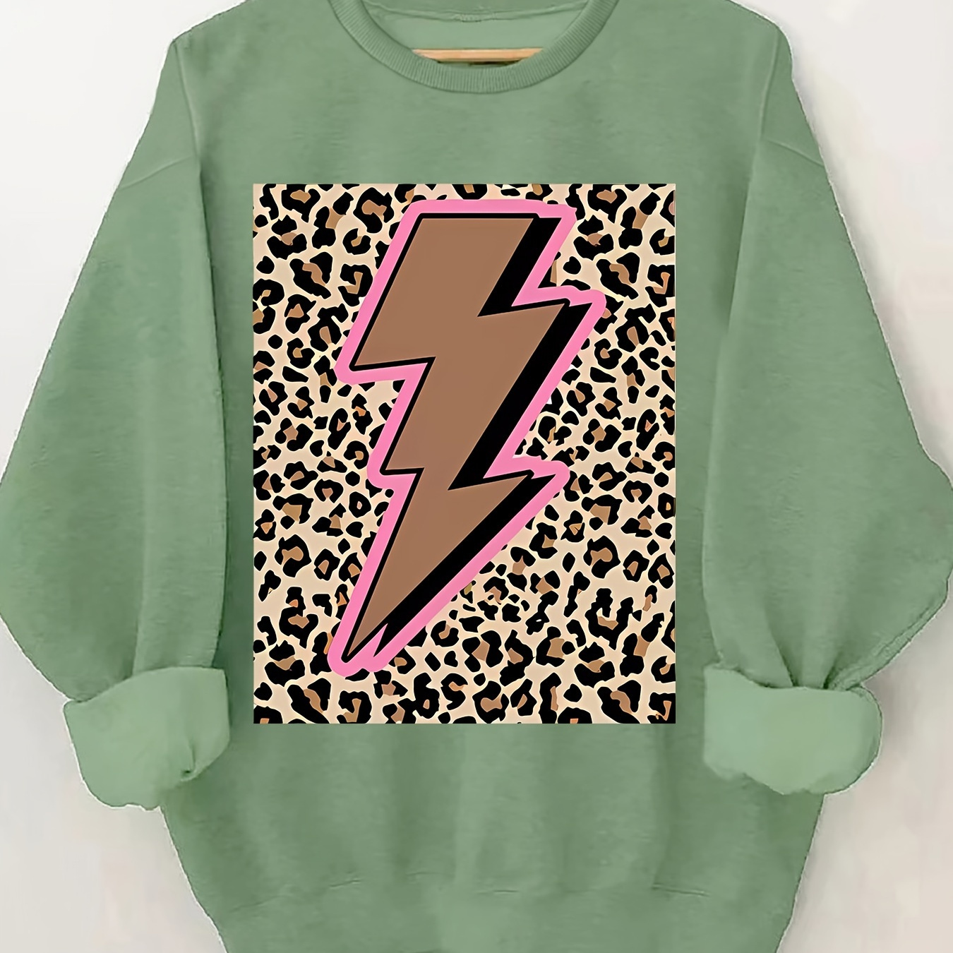 

Lightning Bolt & Leopard Neck Sweatshirt - , 100% Polyester, Geometric Pattern, Knit Fabric For Fall/winter