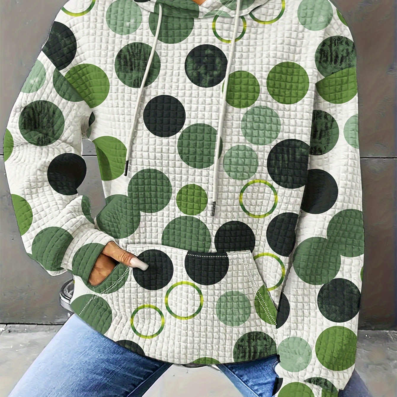 

Plus Size Polka Dot Print Kangaroo Pocket Hoodie, Casual Long Sleeve Drawstring Hoodies Sweatshirt For Spring & Fall, Women's Plus Size Clothing