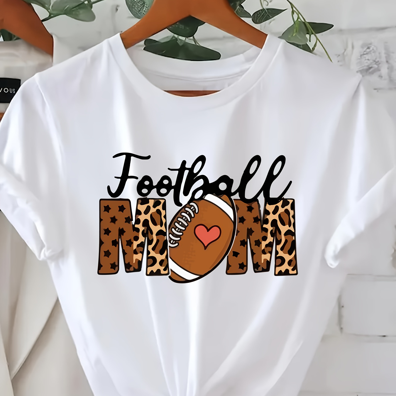 

Plus Size Football & Mom Print T-shirt, Short Sleeve Crew Neck Casual Top For Summer & Spring, Women's Plus Size Clothing