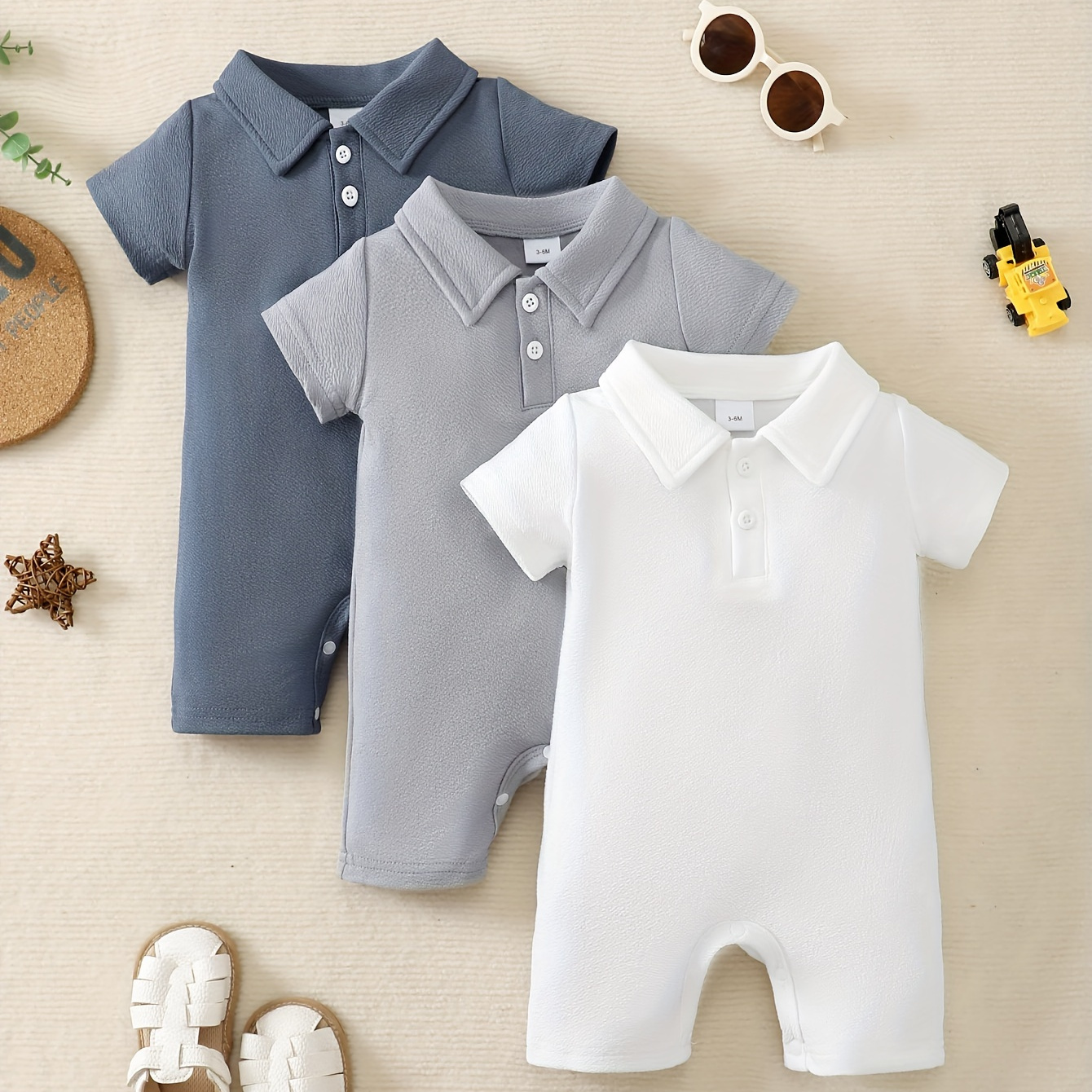 

3pcs Baby's Solid Color Turndown Collar Bodysuit, Casual Short Sleeve Romper, Toddler & Infant Boy's Clothing