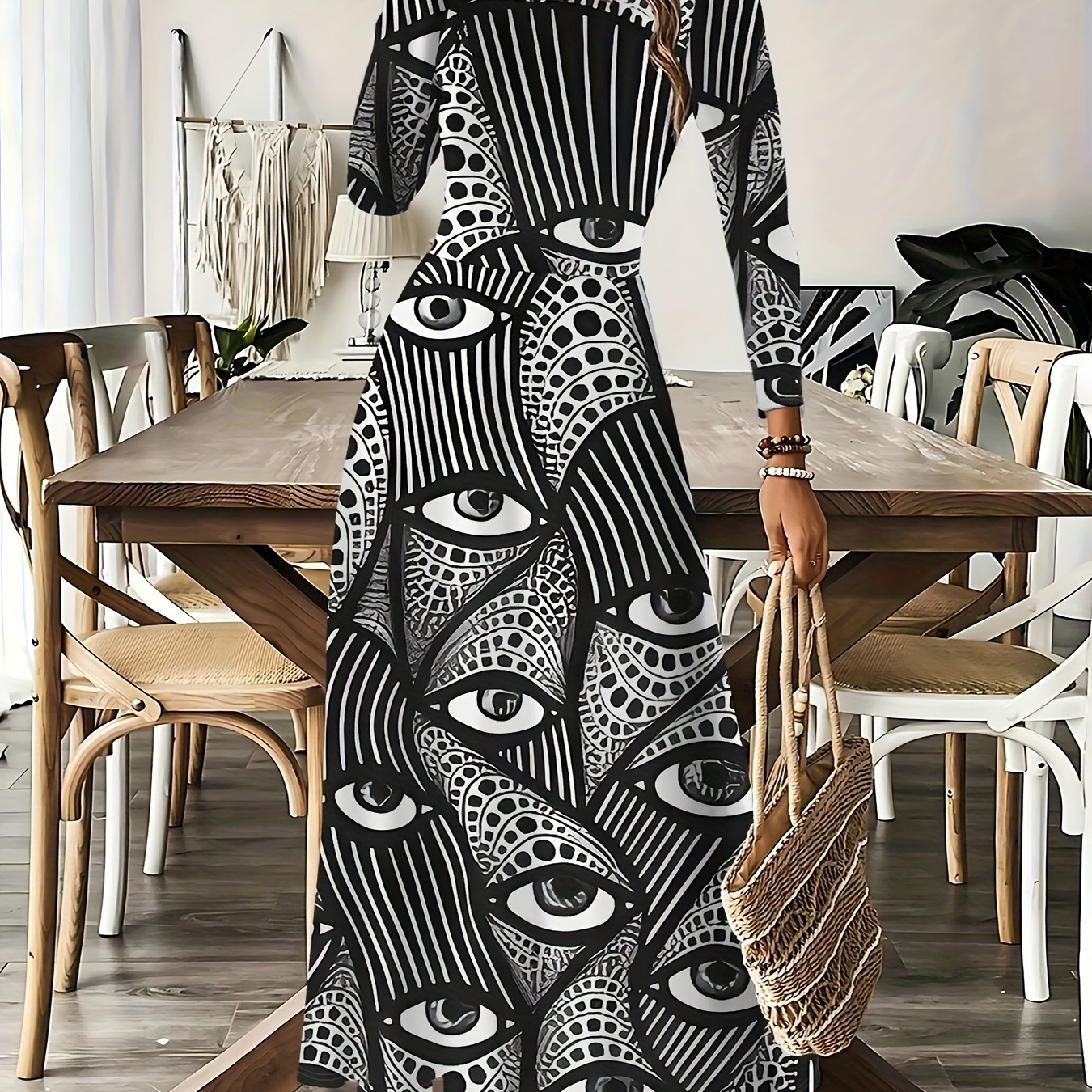 

Eye Print Crew Neck Dress, Casual Long Sleeve Dress For Spring & Fall, Women's Clothing