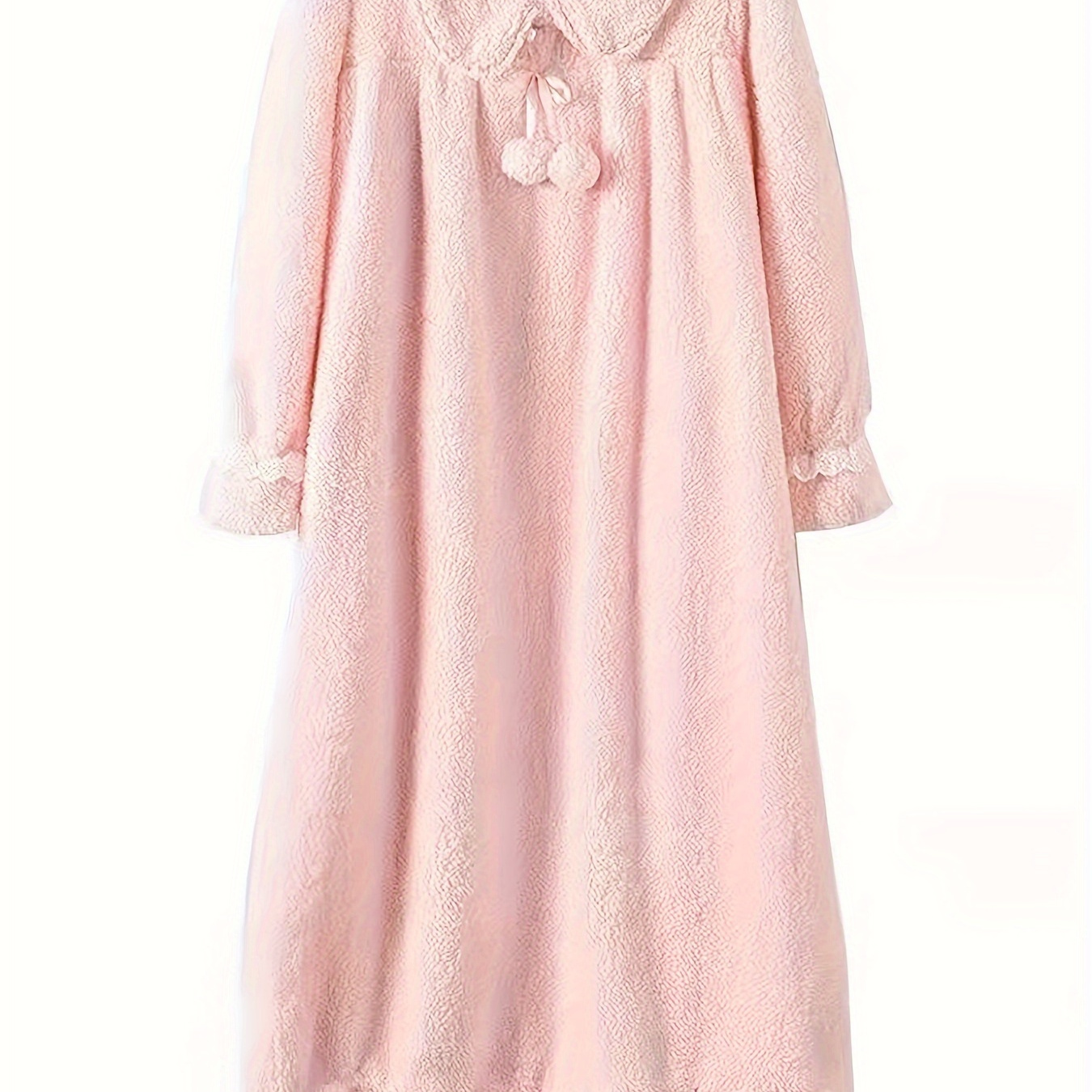 

Women's Sweet Solid Fuzzy Ruffle Trim Sleepwear Dress, Long Sleeve Bow Decor Lapel Collar Dress, Comfortable Nightgown For Fall & Winter