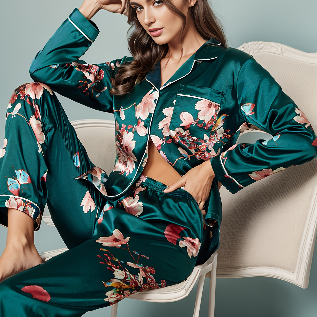 

Floral Print Satin Pajama Set, Long Sleeve Button Up Lapel Top & Elastic Waistband Pants, Women's Sleepwear & Loungewear