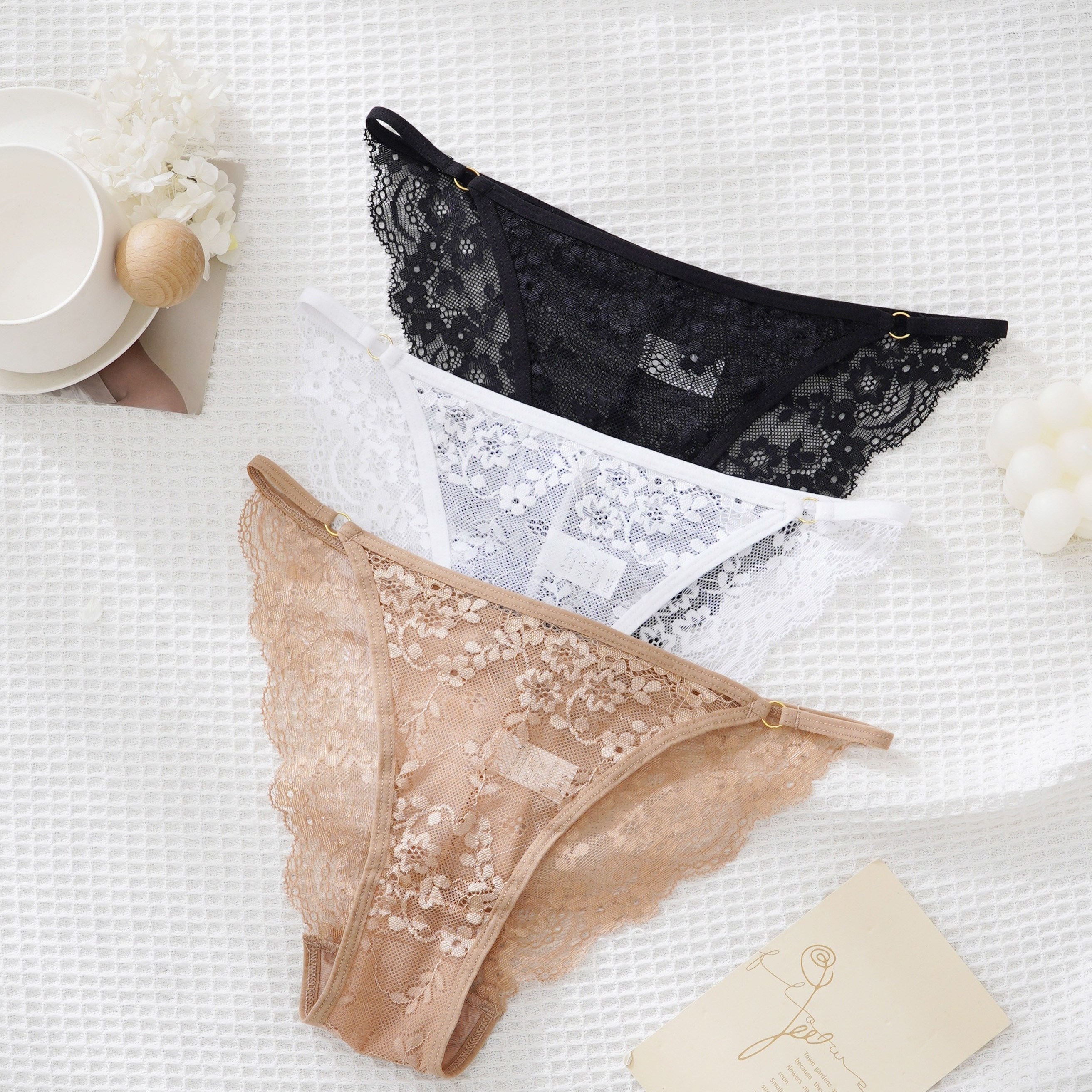 

3pcs Solid Floral Lace Ruffle Trim Ring Linked Tanga Panties, Sexy & Comfy Breathable Intimate Panties, Women's Lingerie & Underwear