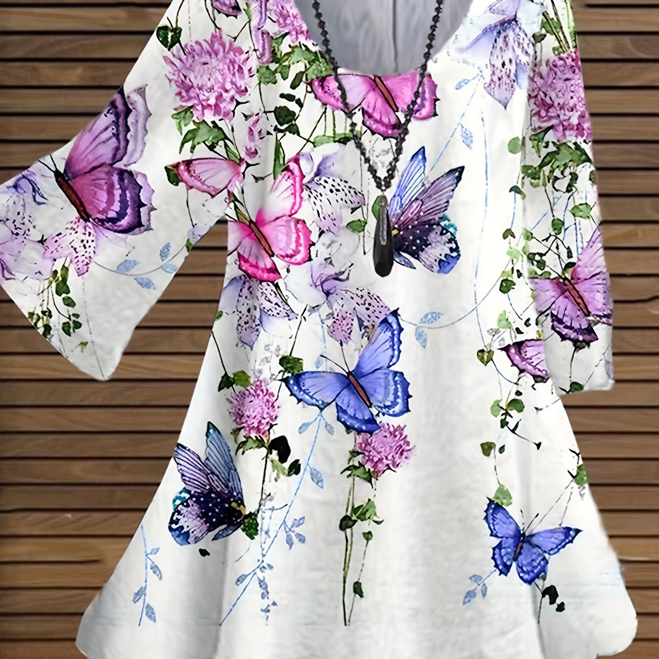 

Plus Size Elegant Blouse, Women's Plus Floral & Butterfly Print 3 Quarter Sleeve Round Neck Blouse