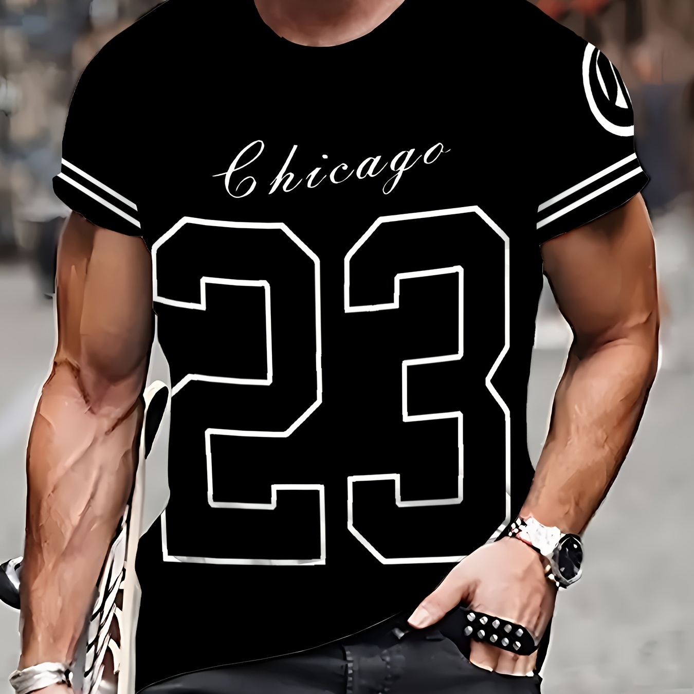 

Men' Chicago 23 Number T-shirt, 100% Polyester Crew Neck Short Sleeve Tee, Knit Fabric Pullover With Slight Stretch, Regular Fit Animal Pattern Top