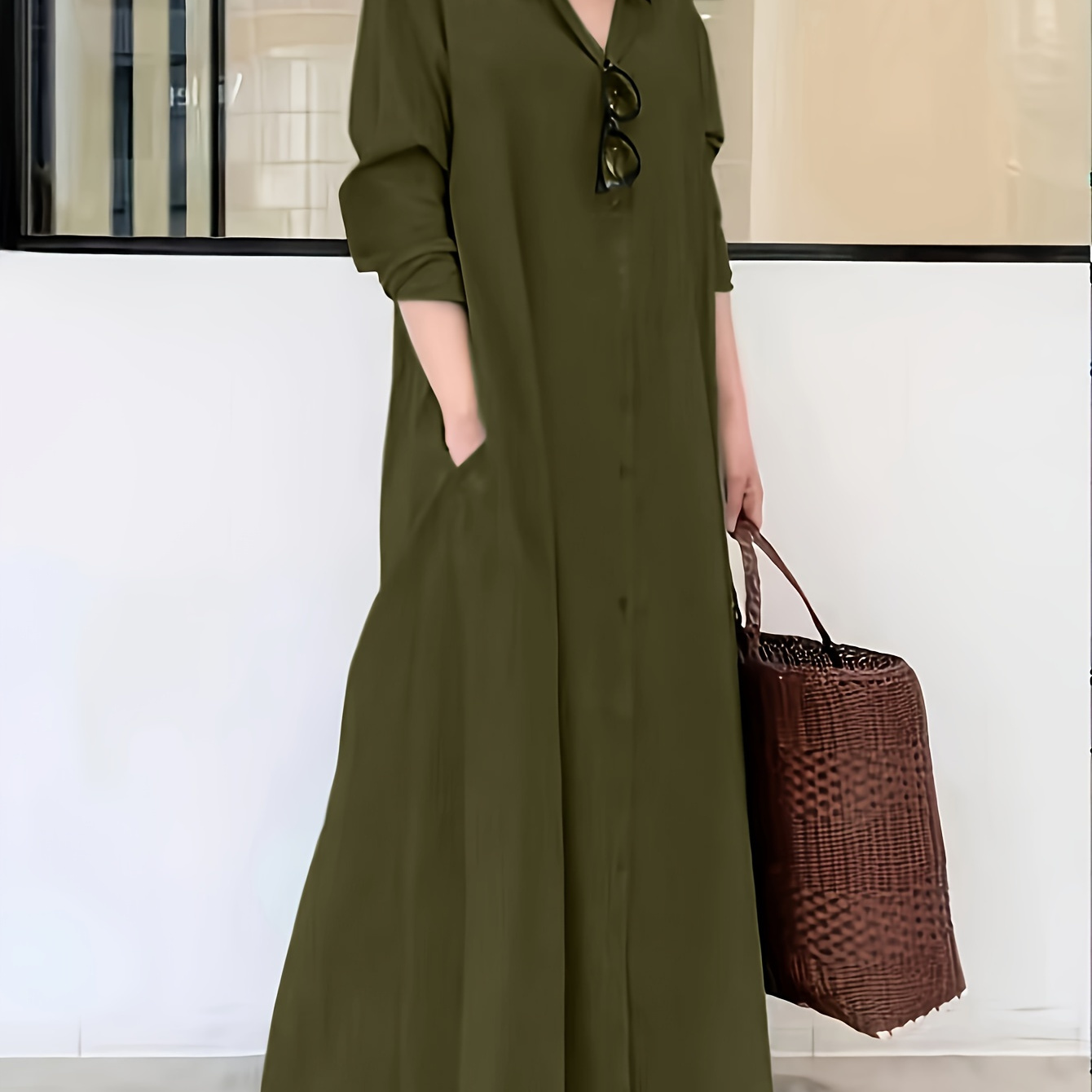 

Elegant Solid Color Button-up Shirt Dress - Long Sleeve, Loose Fit For Women | Spring & Fall