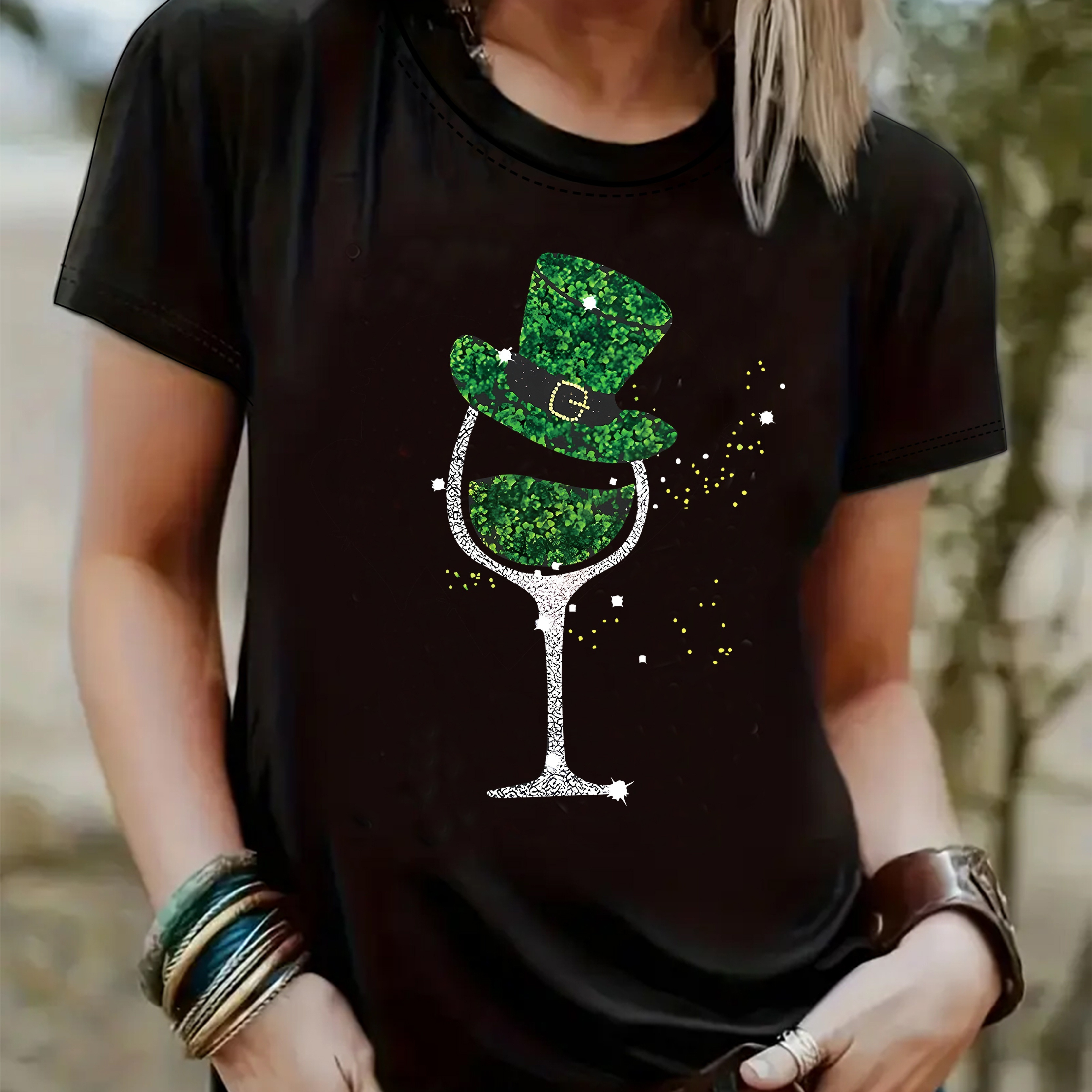 

St. Patrick's Day & Goblet Print T-shirt, Short Sleeve Crew Neck Casual Top For Summer & Spring, Women's Clothing