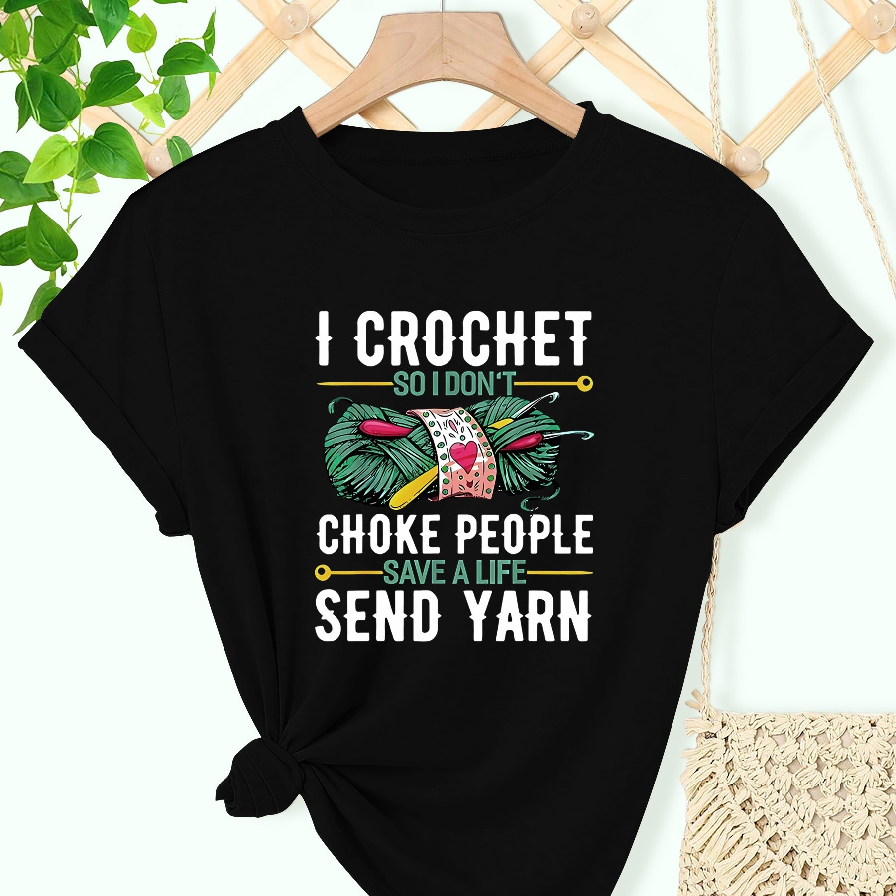 

Women's Crochet Yarn Graphic T-shirt, Summer Round Neck Short Sleeve Casual Tee, Crafty & Quirky Design