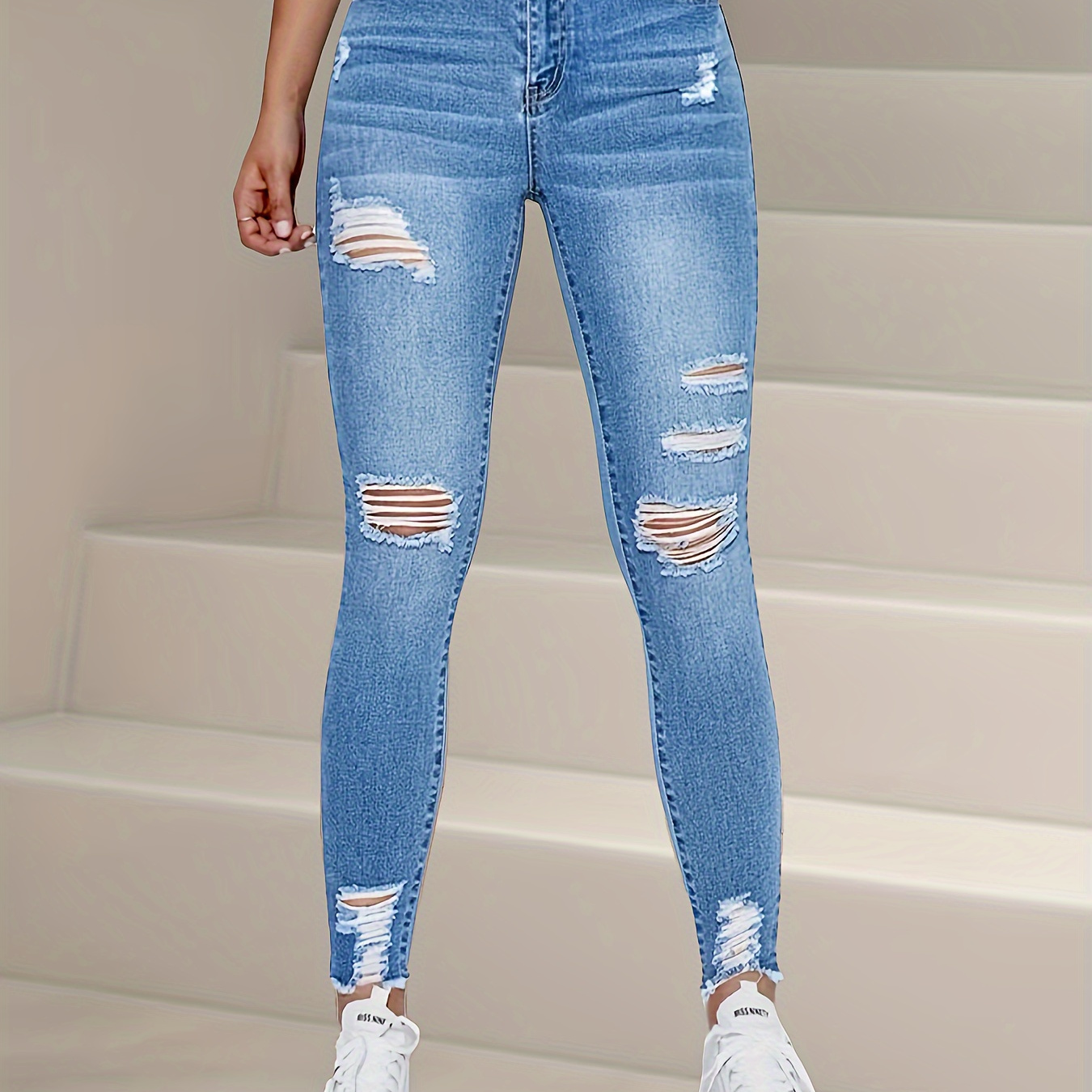 

Chic High-waist Ripped Skinny Jeans For Women - Stretch Denim, Elegant Style, Non-see-through, Button Detail, Wear