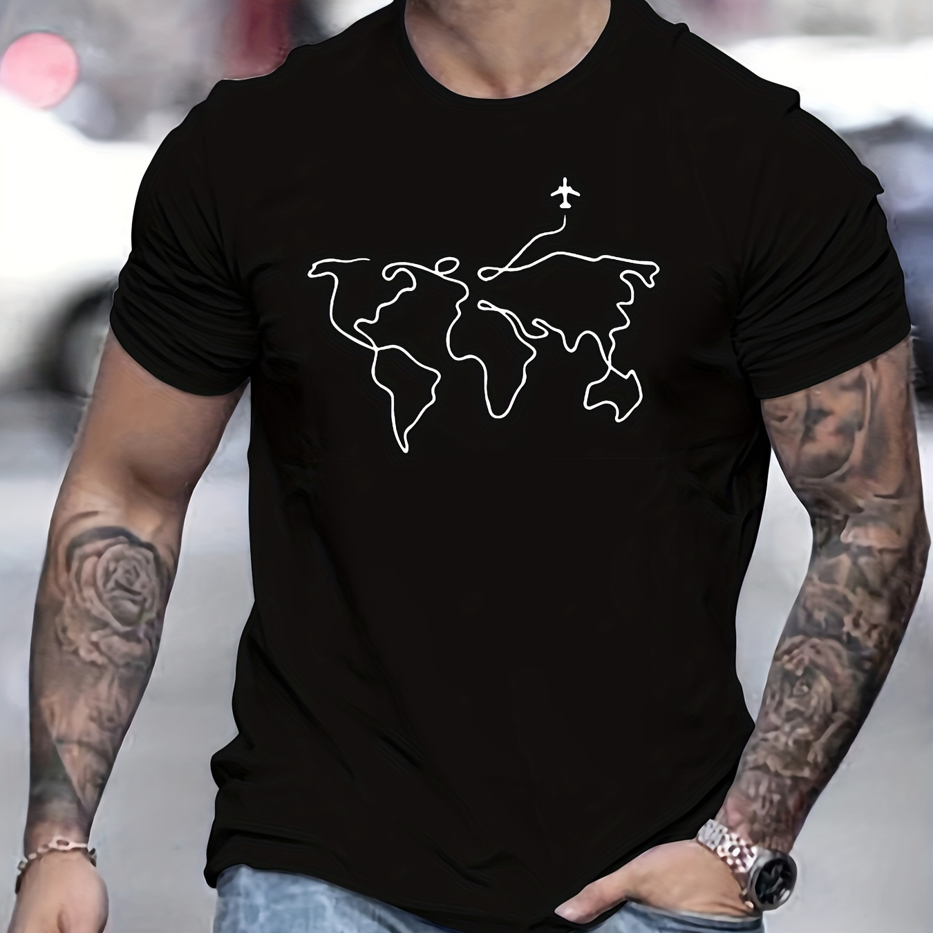 

Trendy World Map Pattern Print Men's Comfy T-shirt, Graphic Tee Men's Summer Outdoor Clothes, Men's Clothing, Tops For Men
