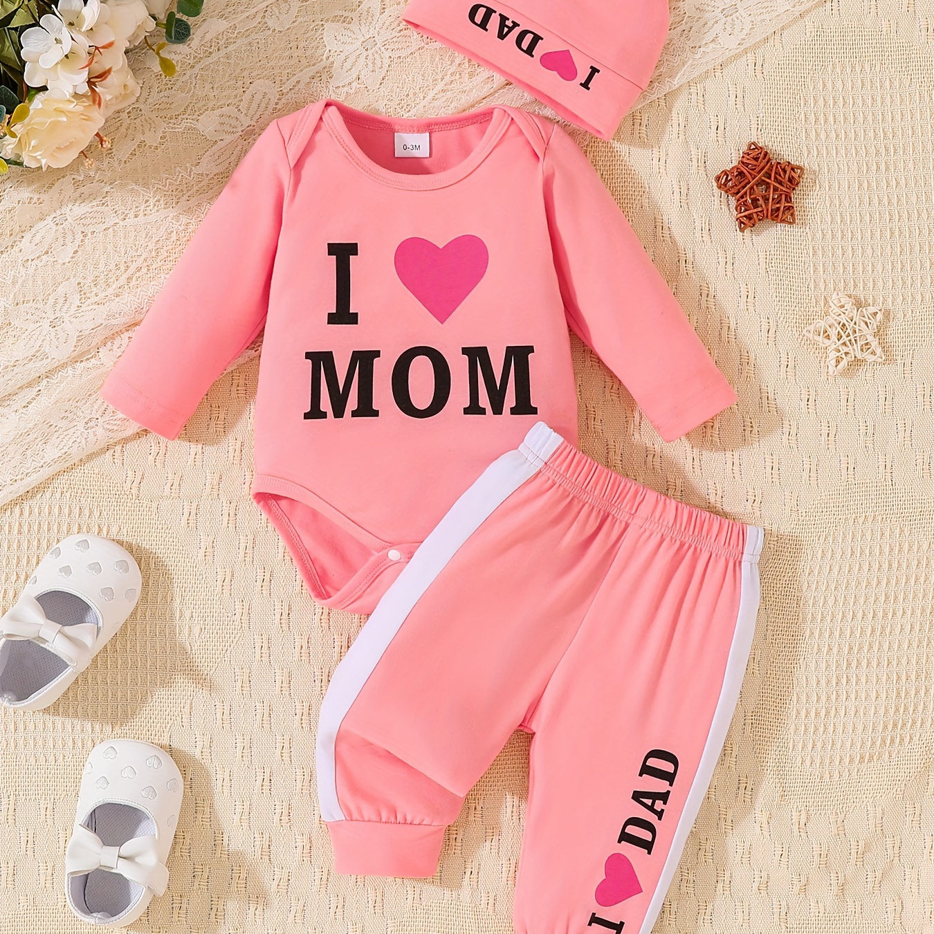 

2pcs 's I Mom Long Sleeve Bodysuit + Hat + Pants, Toddler & Infant 's Clothing Set For Fall Clothing