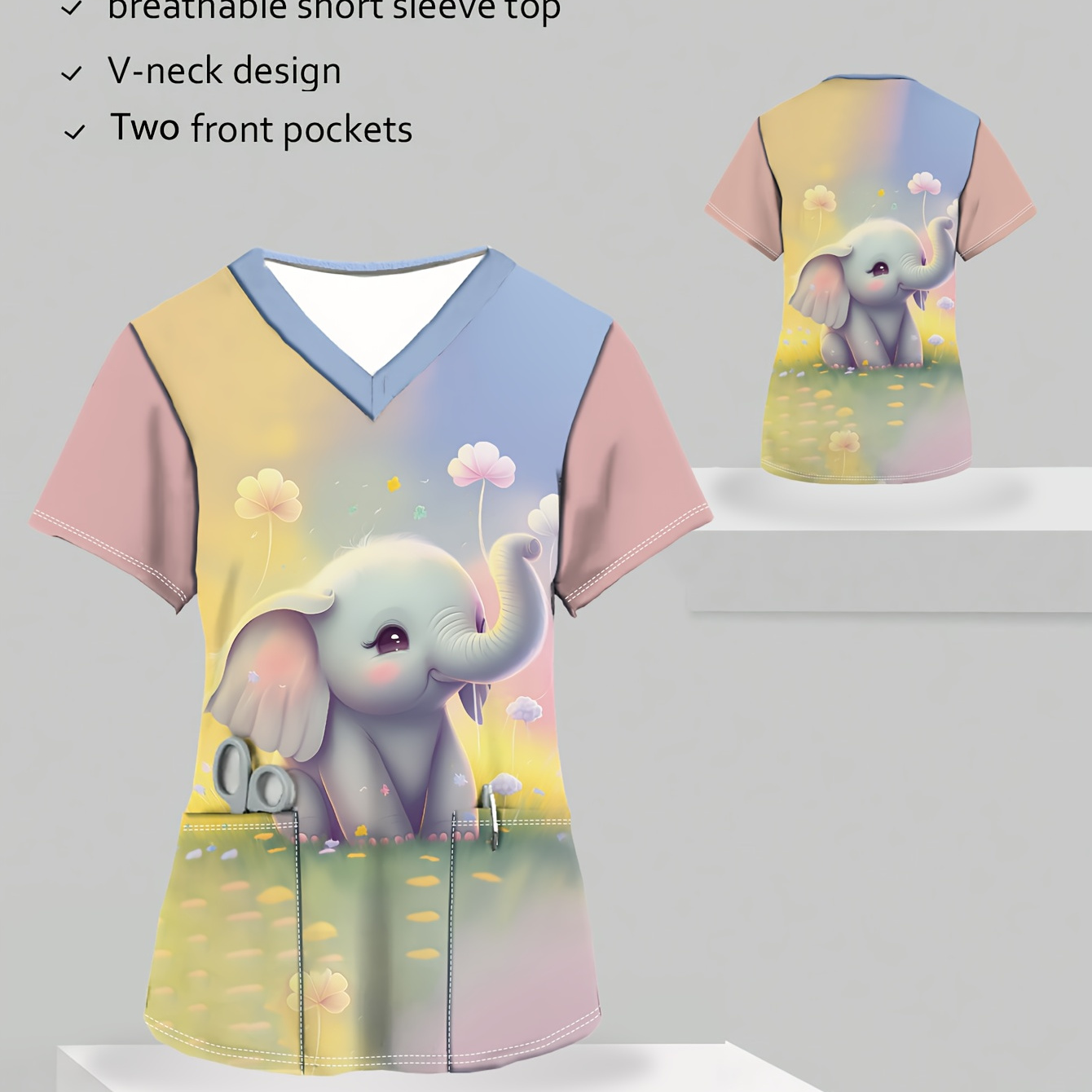 

Women's Cute Cartoon T-shirt, V-neck Top With Dual Front Pockets, Breathable Short Sleeve Medical Uniform, Polyester 95% Spandex 5%, Knit Fabric Workwear