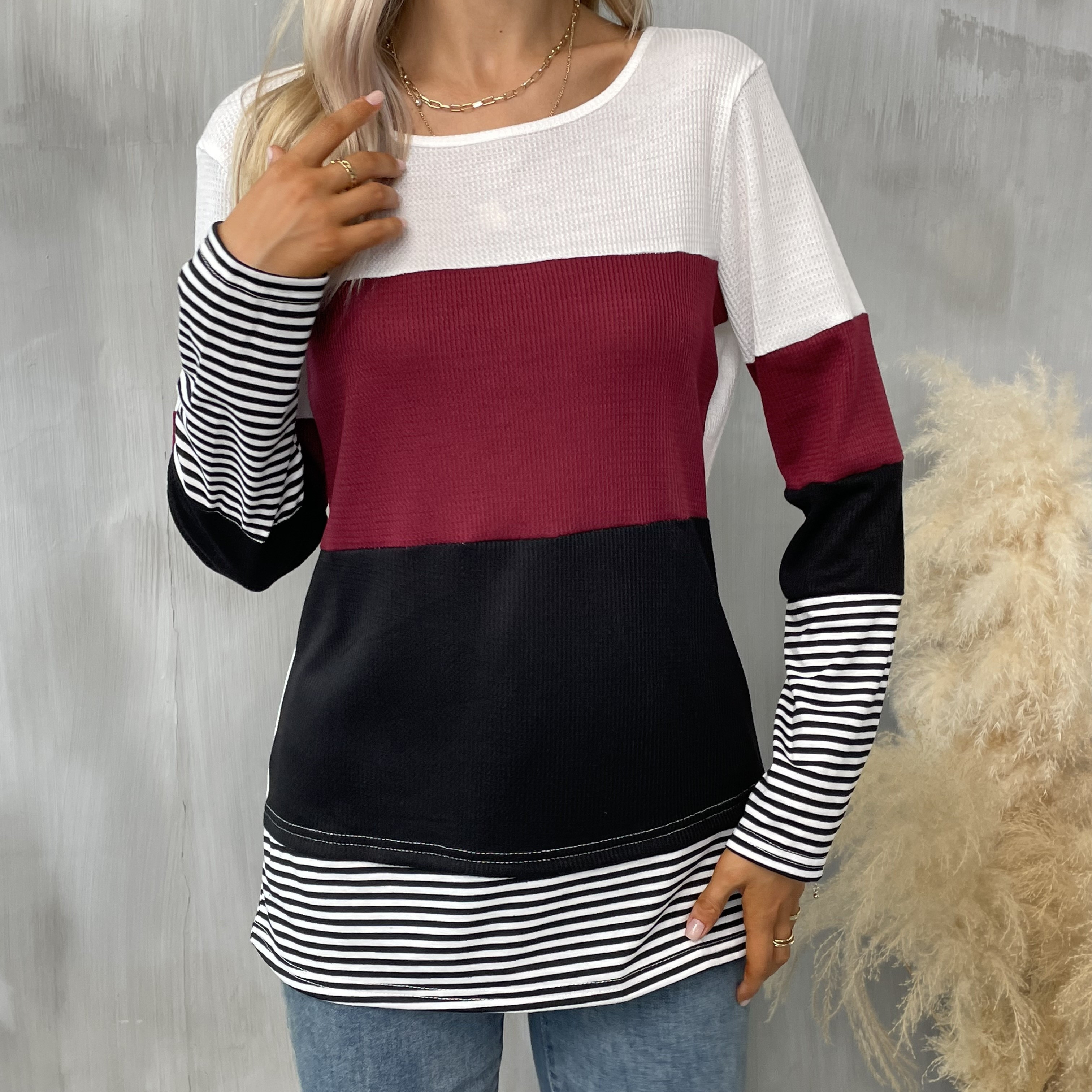 

Women Color Block Sweatshirts Round Neck Pullover Casual Long Sleeve Comfy Women's Top Women's Sweater