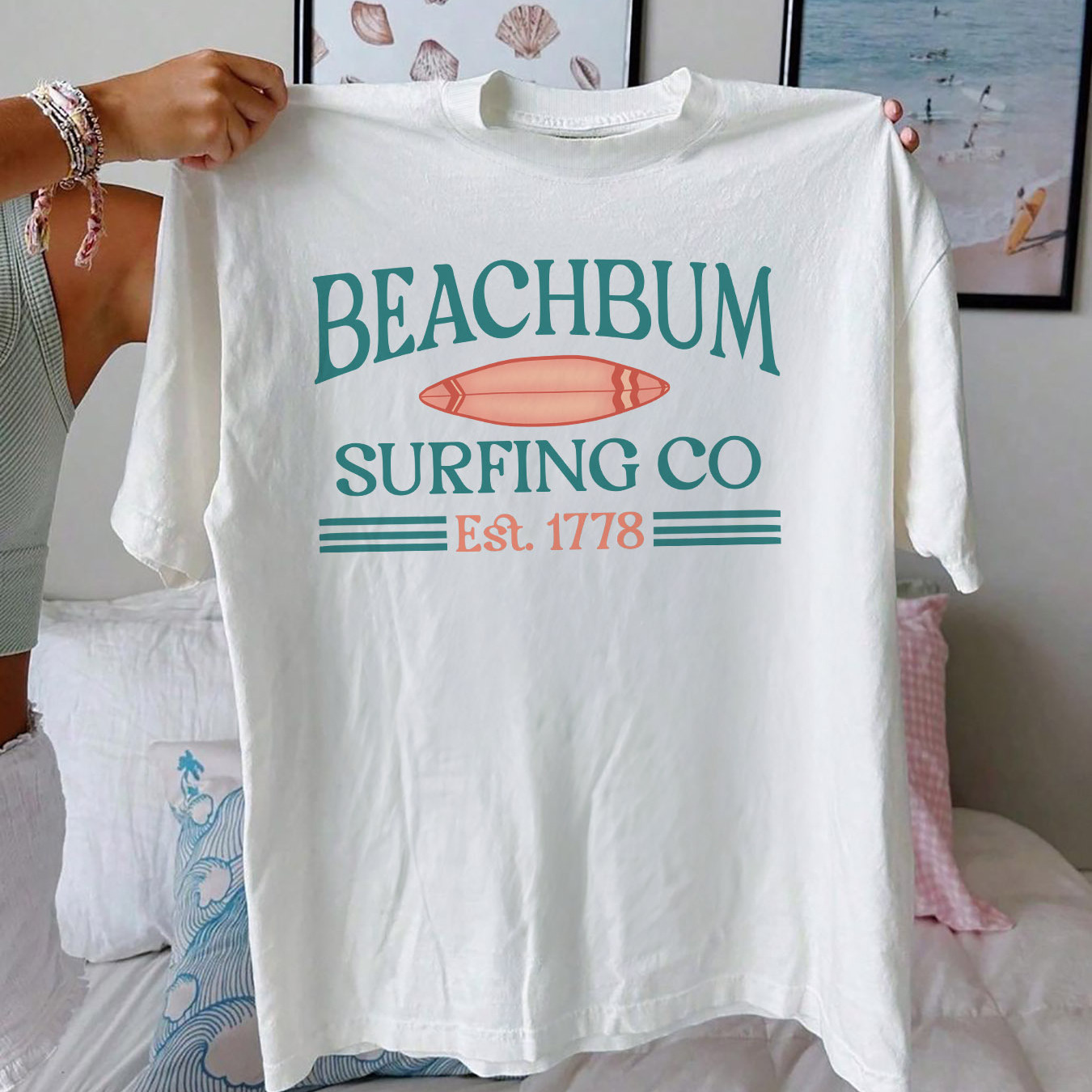 

Beach Bum Print T-shirt, Short Sleeve Crew Neck Casual Top For Summer & Spring, Women's Clothing