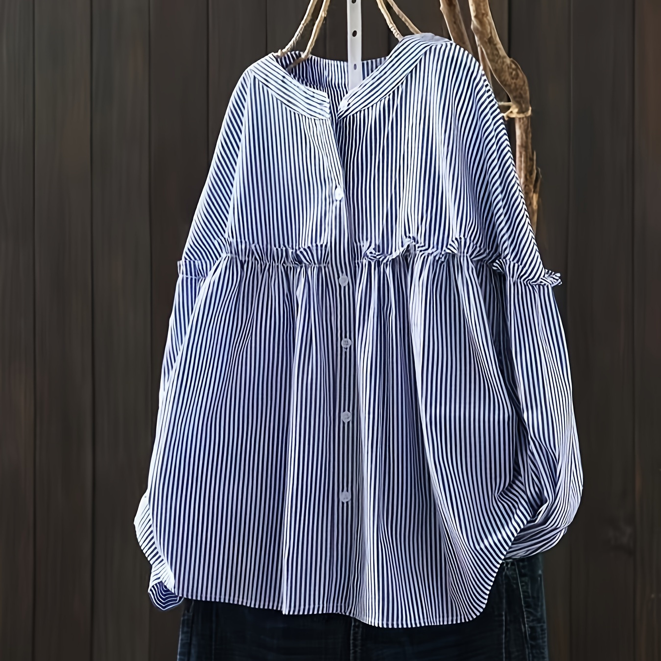 

1pc Women's Casual Striped Polyester Shirt With Lettuce Trim - Crew Neck, Loose Fit, Single Breasted , Woven Top For Weekend Casual Wear - Spring/fall Season