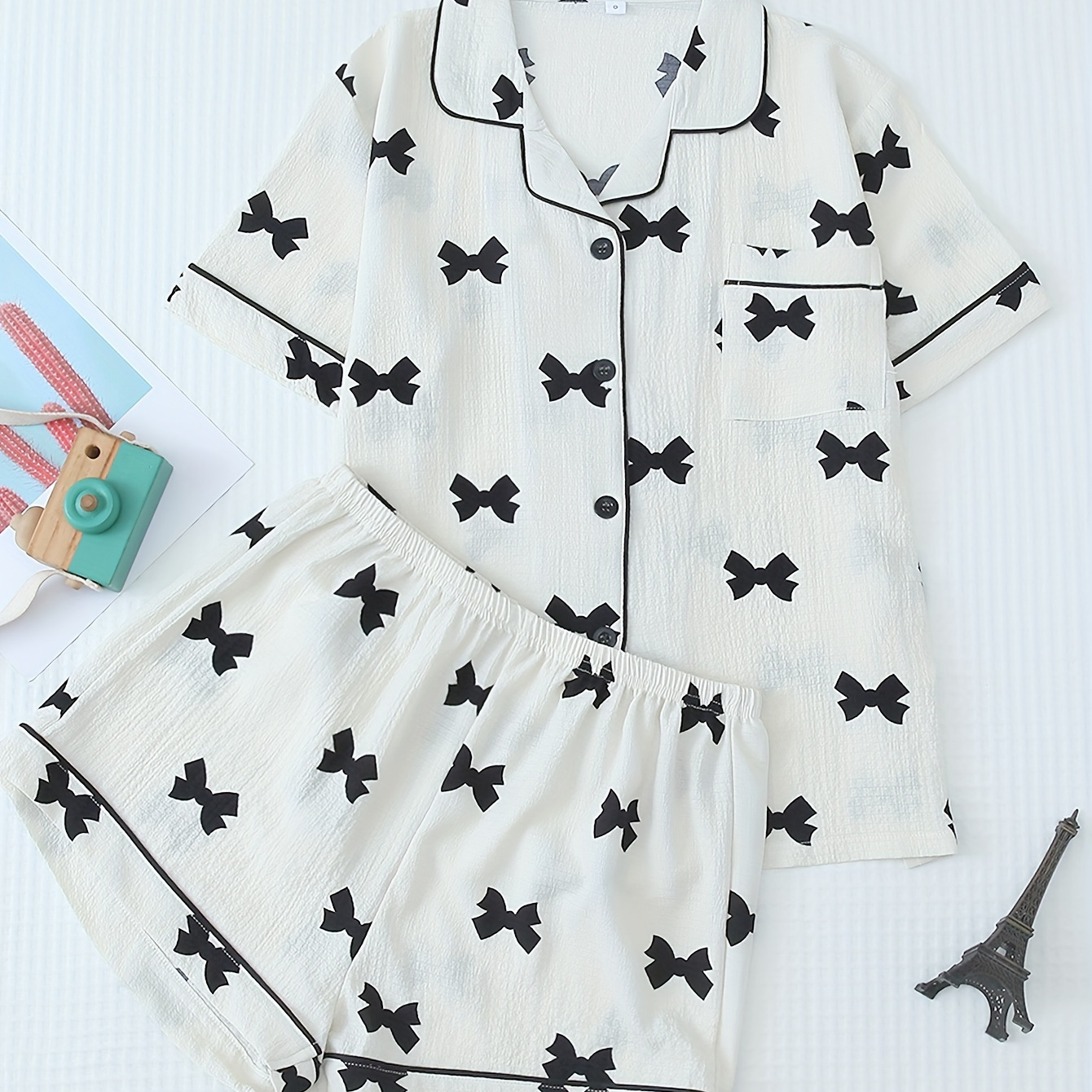 

Bow Print Textured Pajama Set, Casual Short Sleeve Buttons Lapel Top & Shorts, Women's Sleepwear