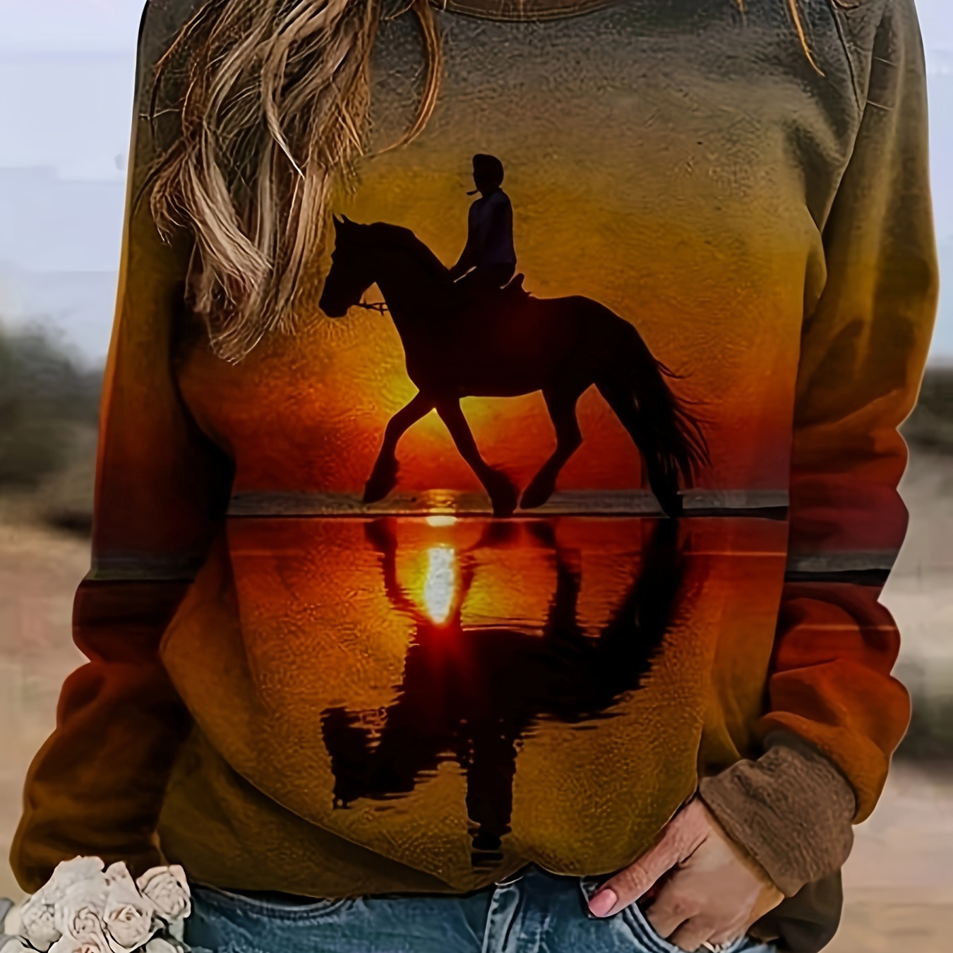 

Horse & Sunset Print Sweatshirt, Casual Long Sleeve Raglan Shoulder Sweatshirt, Women's Clothing