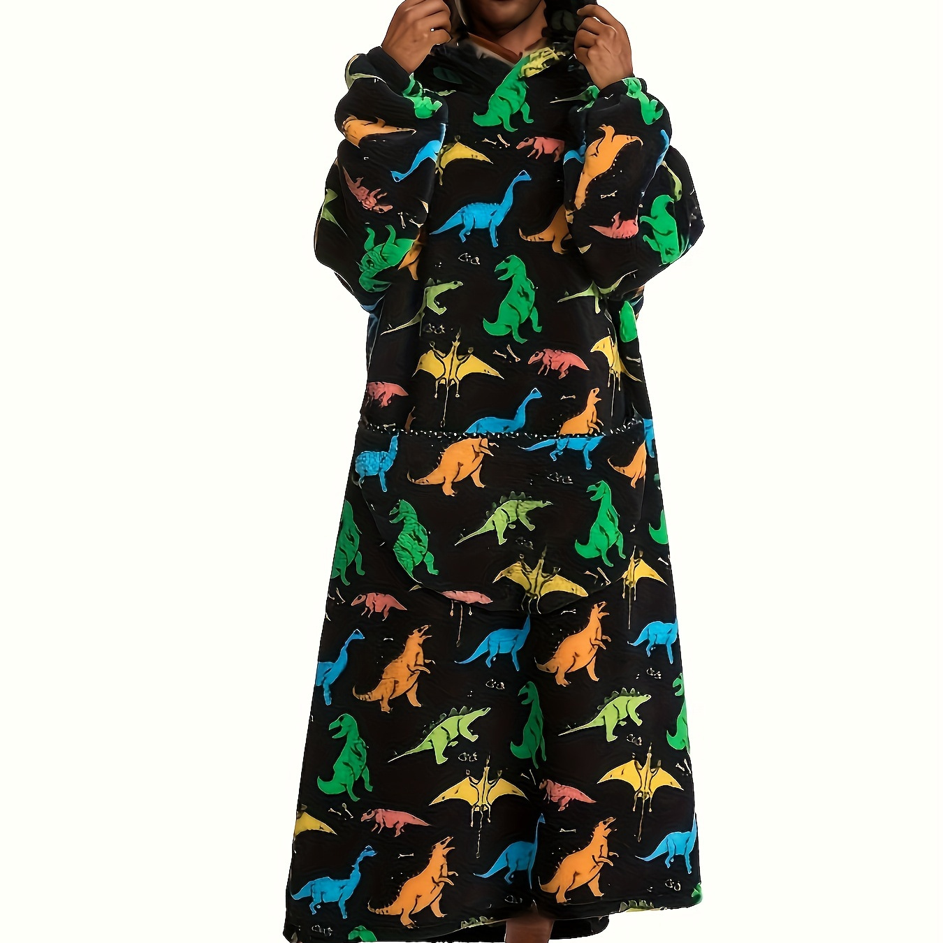 

Men's Cozy Fleece Hooded Robe With Cartoon Animal Print - Oversized, Breathable & Warm Pajama Set For Fall/winter, Includes Large Pockets