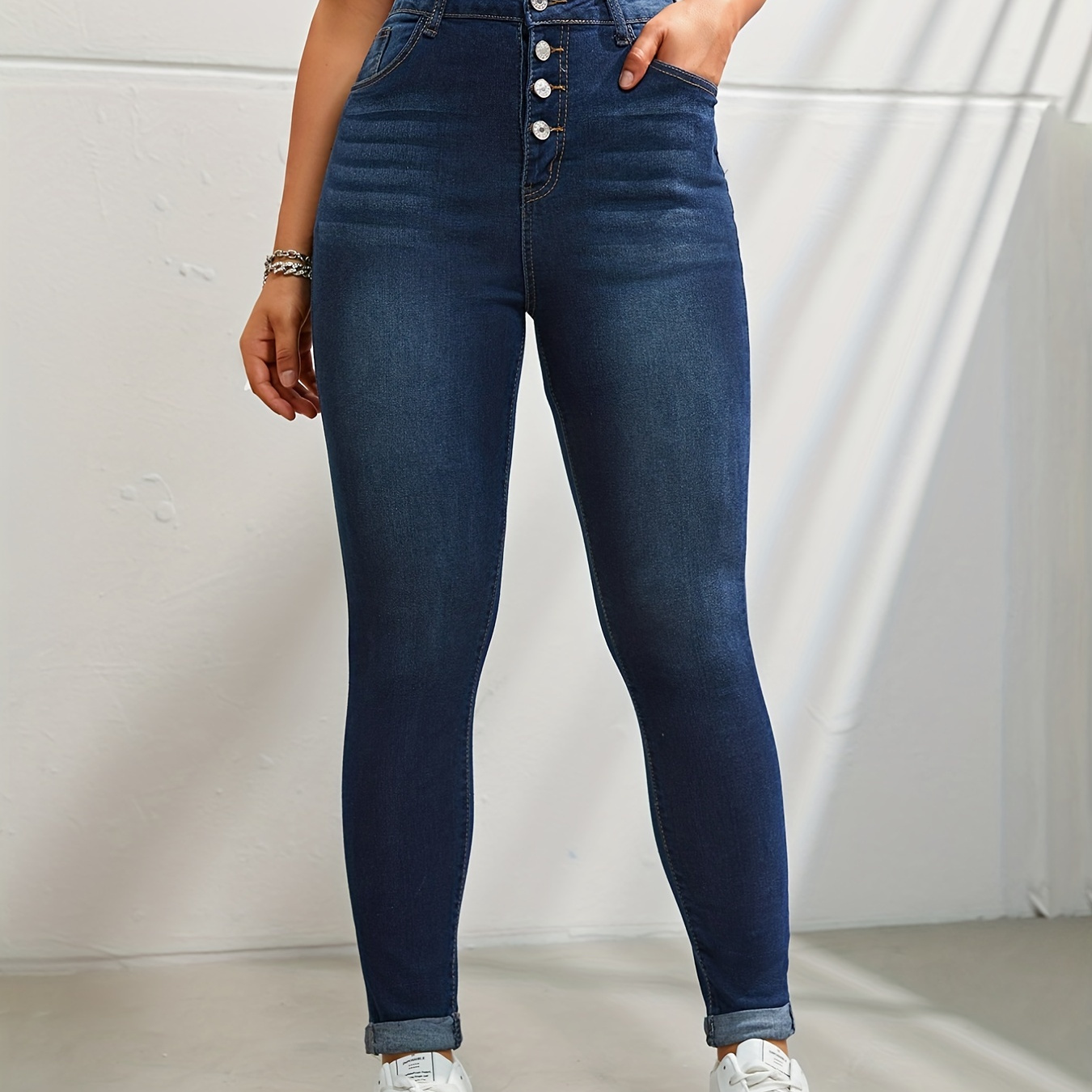 

Dark Blue Versatile Skinny Jeans, Slim Fit Slash Pockets Single-breasted Button Casual Denim Pants, Women's Denim Jeans & Clothing