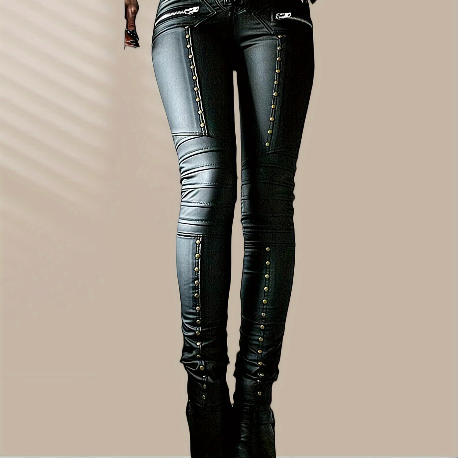 

Women's Faux Leather Leggings Gothic Punk Skinny Pu Leather Pants Mid Rise Novelty Studded Tight Pants