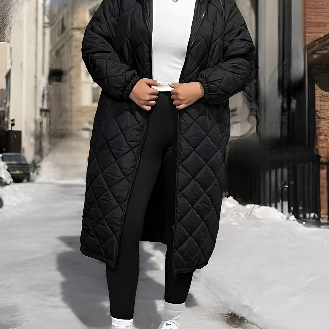 

Plus Size Quilted Polyester Hooded Winter Coat Women's Casual Long Length With Zipper Detail Non-stretch Fabric Solid Color Long Sleeve Warm Jacket - Woven