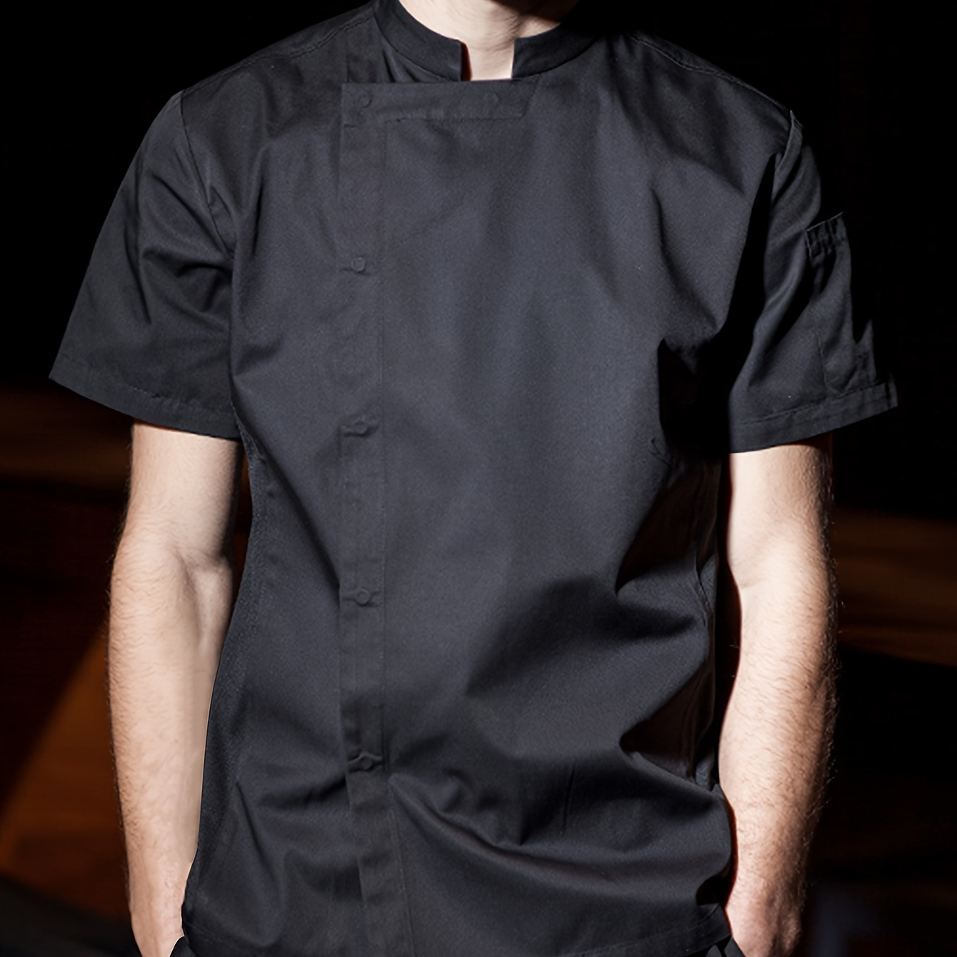 

Solid Elegant Chef Shirt For Restaurant Kitchen Cooking, Short Sleeve Button Up Bakery Coat For Adult Men