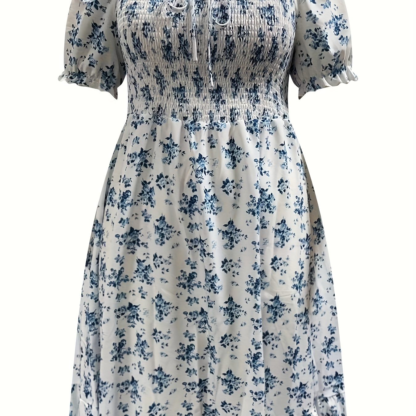 

Plus Size Floral Print Shirred Waist Dress, Elegant Square Neck Short Sleeve Tie Front Dress For , Women's Plus Size Clothing