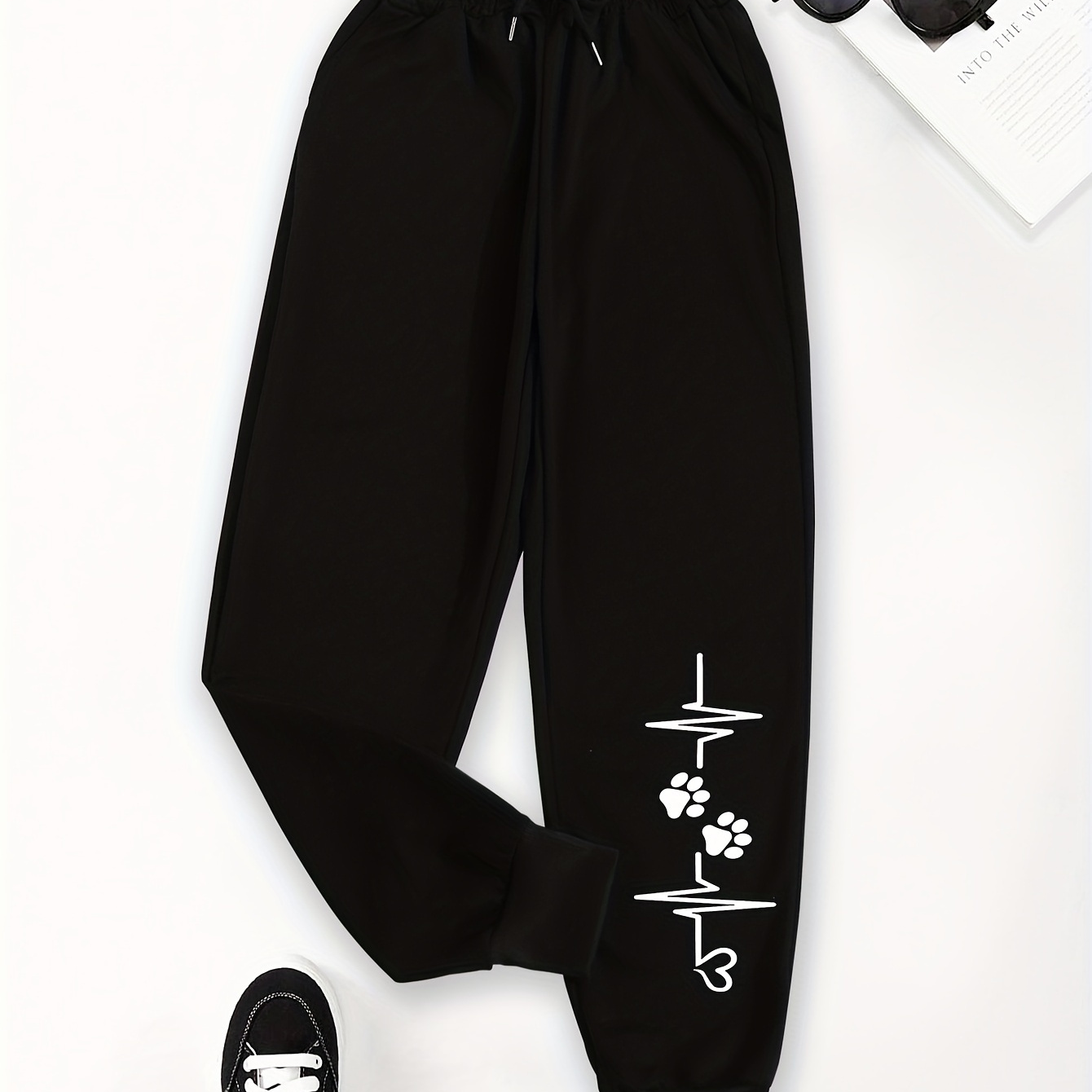 

Paw Print Fitted Bottom Joggers, Casual Drawstring Waist Flap Pockets Sporty Pants For Spring & Summer, Women's Clothing
