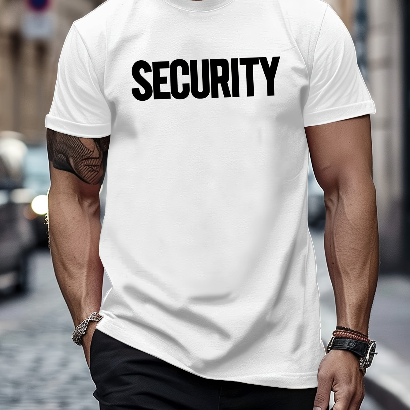 

security" Print T-shirt, Men's Casual Slightly Stretch Round Neck Tee Shirt For Summer Fall