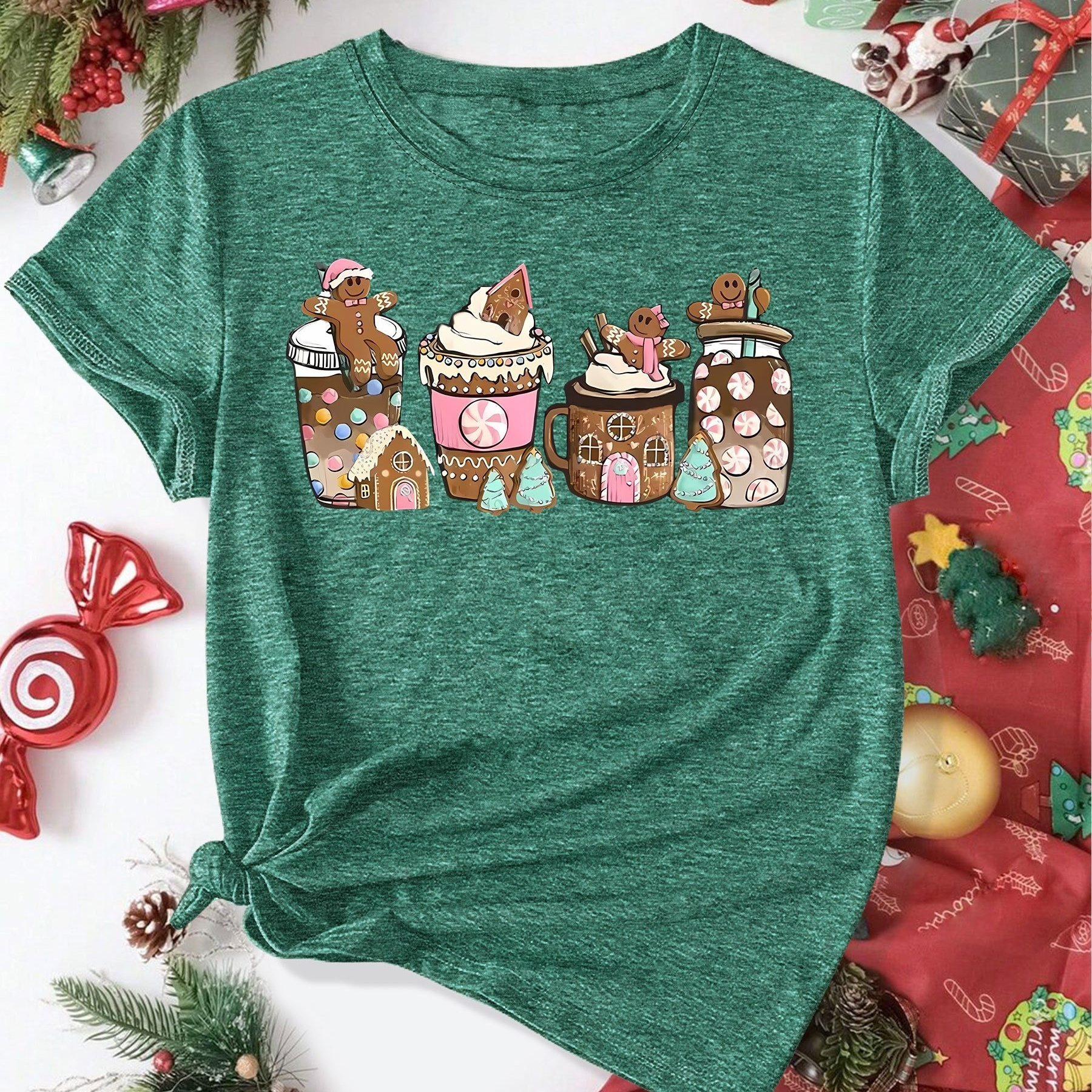 

1pc Christmas Themed Women's T-shirt, Casual Crew Neck, Polyester Knit Fabric With Medium Stretch, Printed Gingerbread & Snowman Design, Short Sleeve, Round Neck, All , Sizes S-xxl