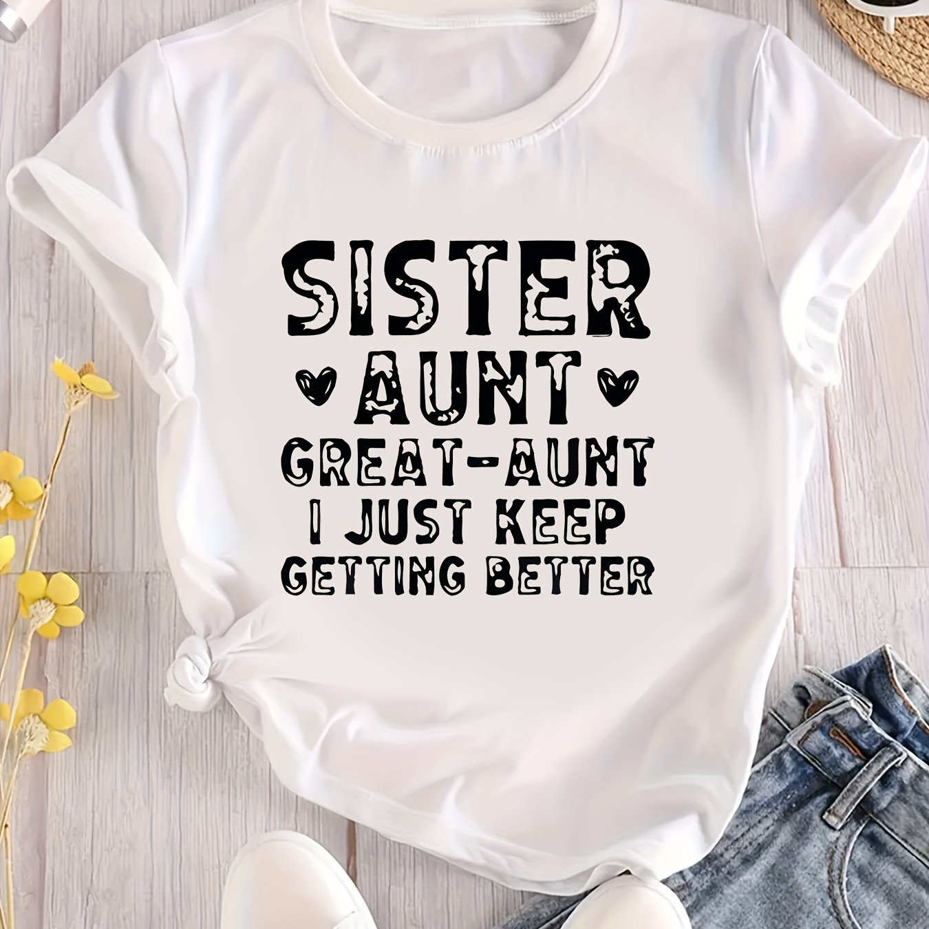 

Plus Size Heart & Letter Sister Aunt Print T-shirt, Casual Short Sleeve Top For Spring & Summer, Women's Plus Size Clothing