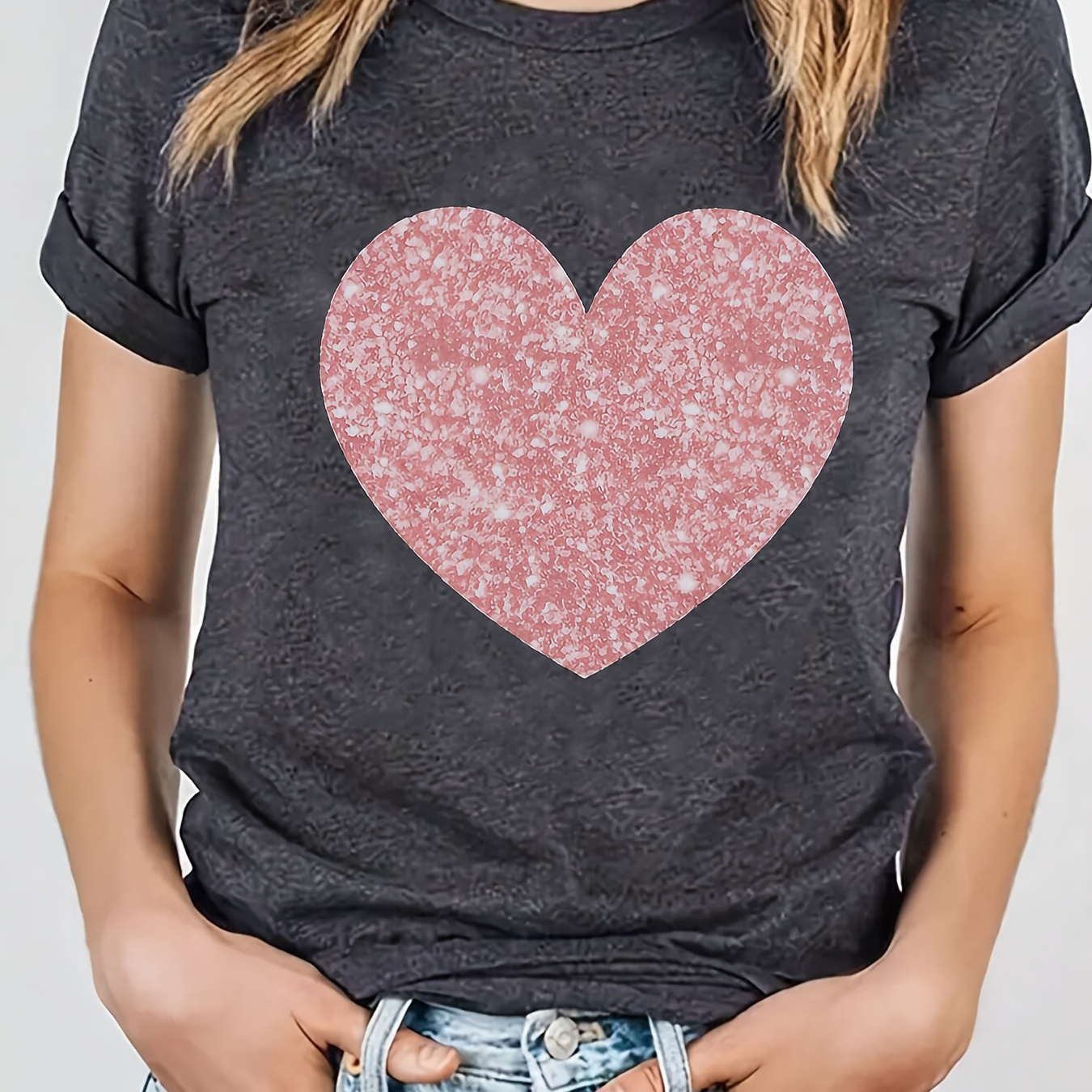 

Heart Print Crew Neck T-shirt, Casual Short Sleeve Top For Spring & Summer, Women's Clothing