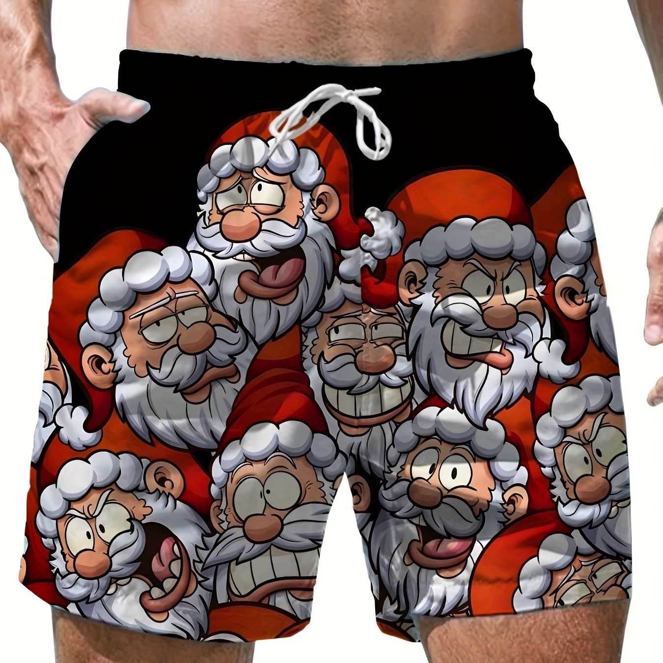 

Men's Funny Santa Claus Pattern Print Beach Shorts Activewear, Drawstring Quick Dry Shorts, Lightweight Shorts For Summer Holiday Beach Surfing