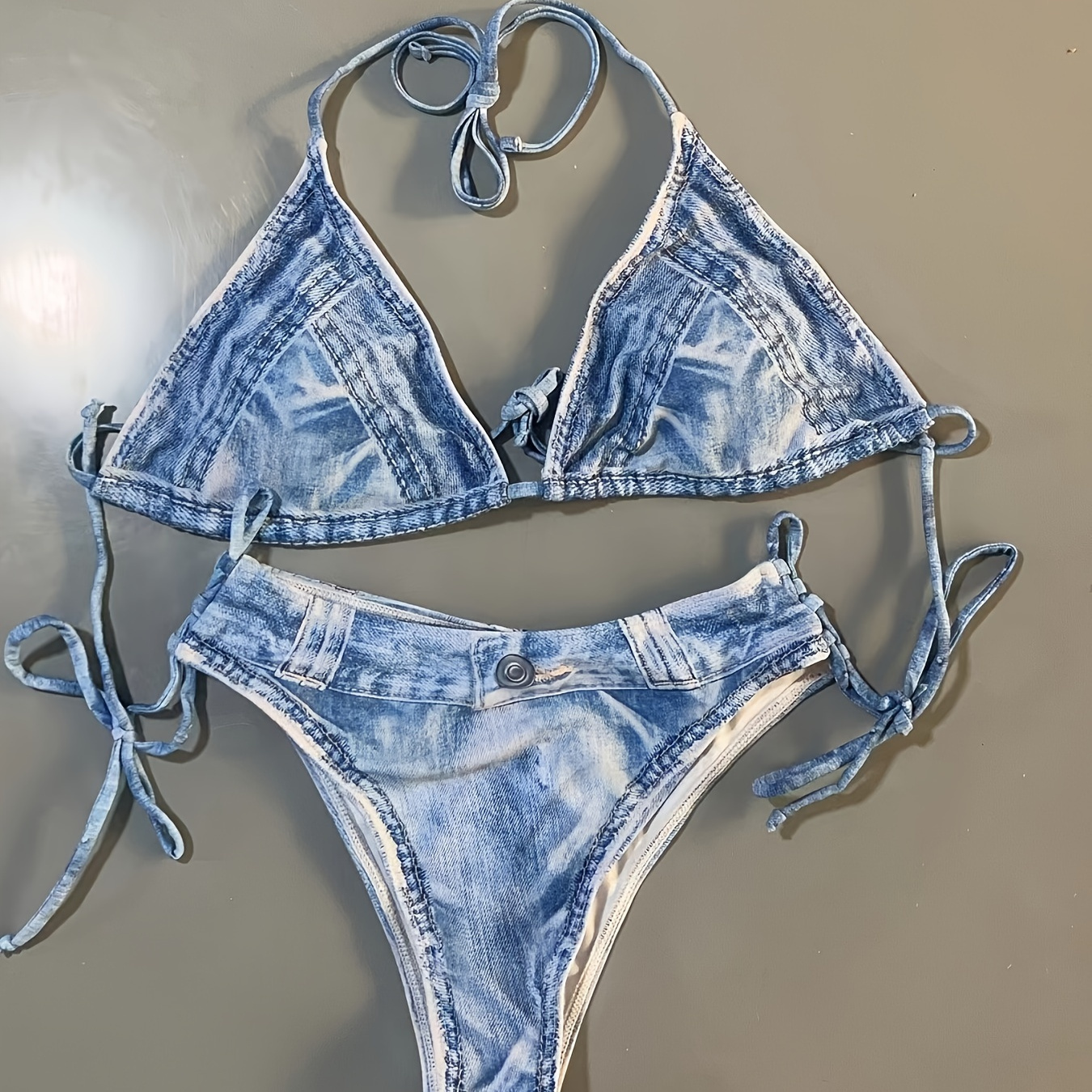 

Denim Print Piece Set Bikini, Tie Strap Halter Backless Swimsuits, Women's Swimwear & Clothing