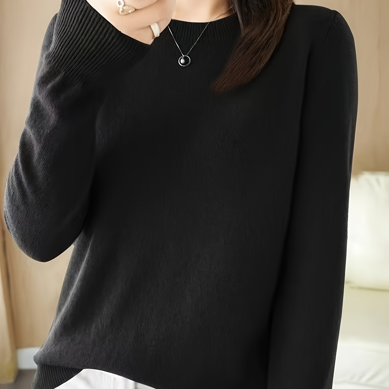 

Women's Base Layer Top, For 2024, Long-sleeve, Round Neck, Suitable For Spring And Autumn, Versatile Pullover Sweater In Solid Colors Like Black And Camel.